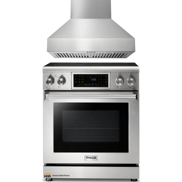 Thor Kitchen 2-Piece Appliance Package - 30-Inch Electric Range with Tilt Panel and Pro-Style Wall Mounted Range Hood in Stainless Steel