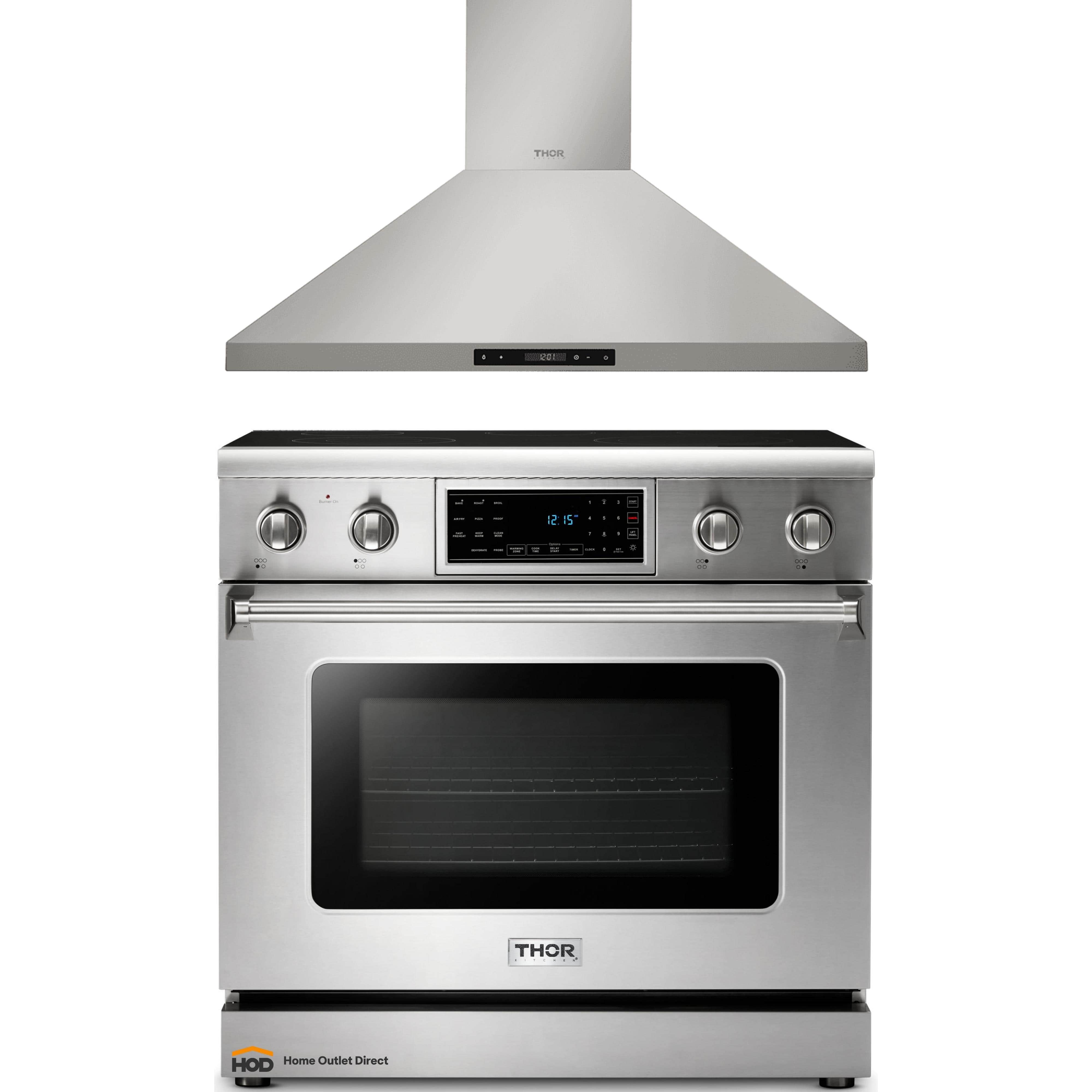 Thor Kitchen 2-Piece Appliance Package - 36-Inch Electric Range with Tilt Panel and Wall Mount Hood in Stainless Steel