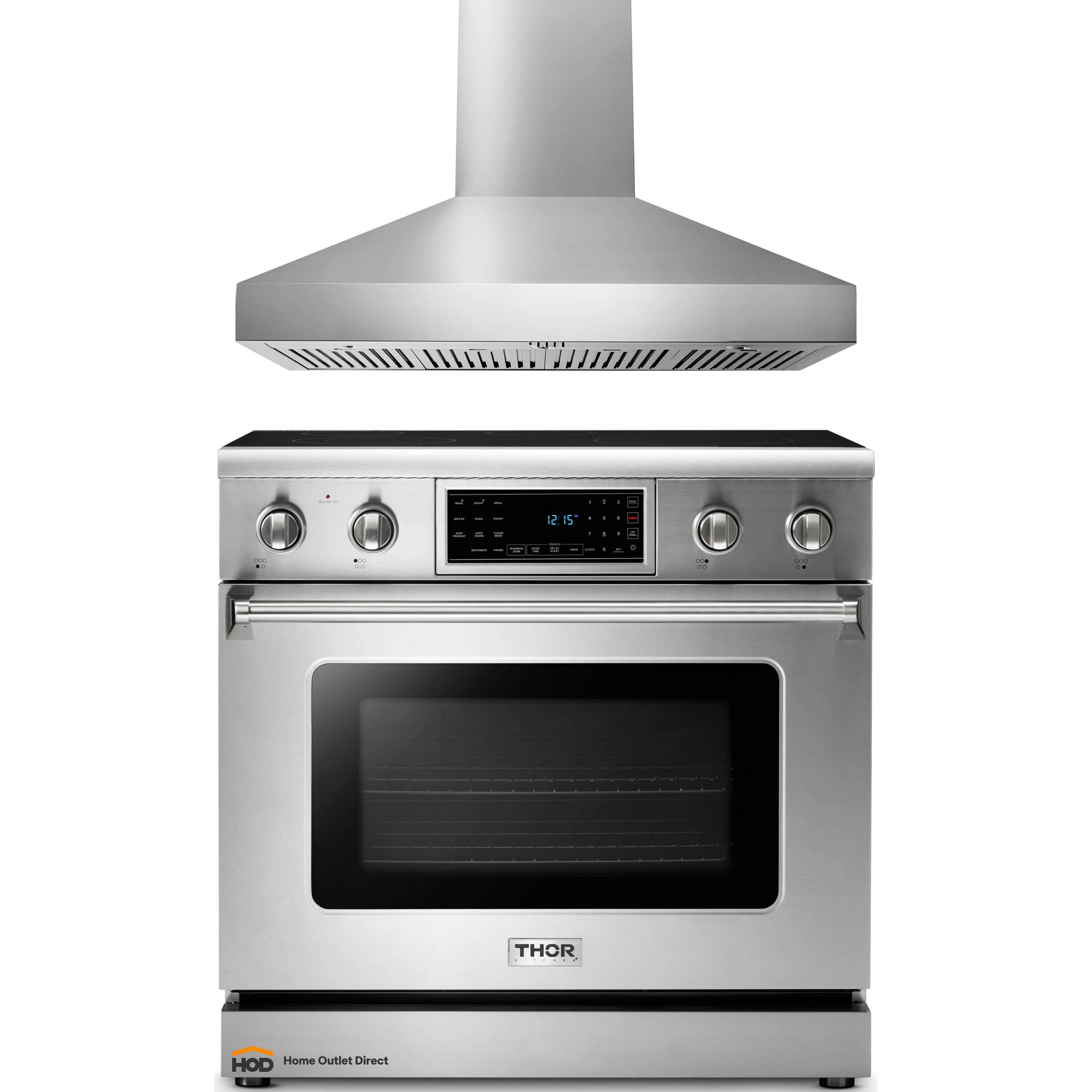 Thor Kitchen 2-Piece Appliance Package - 36-Inch Electric Range with Tilt Panel and Pro-Style Wall Mount Hood in Stainless Steel