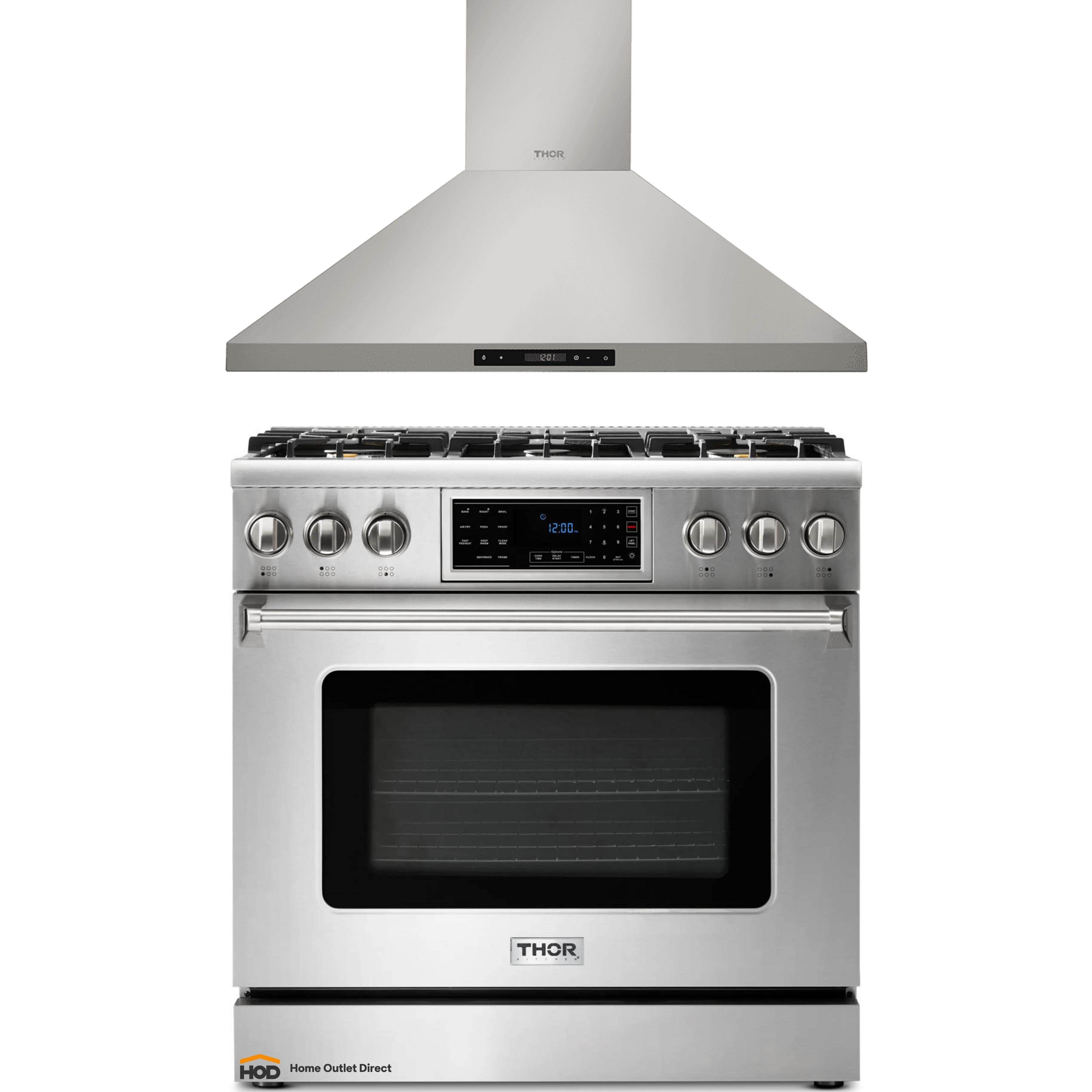 Thor Kitchen 2-Piece Appliance Package - 36-Inch Gas Range with Tilt Panel & Premium Wall Mount Hood in Stainless Steel