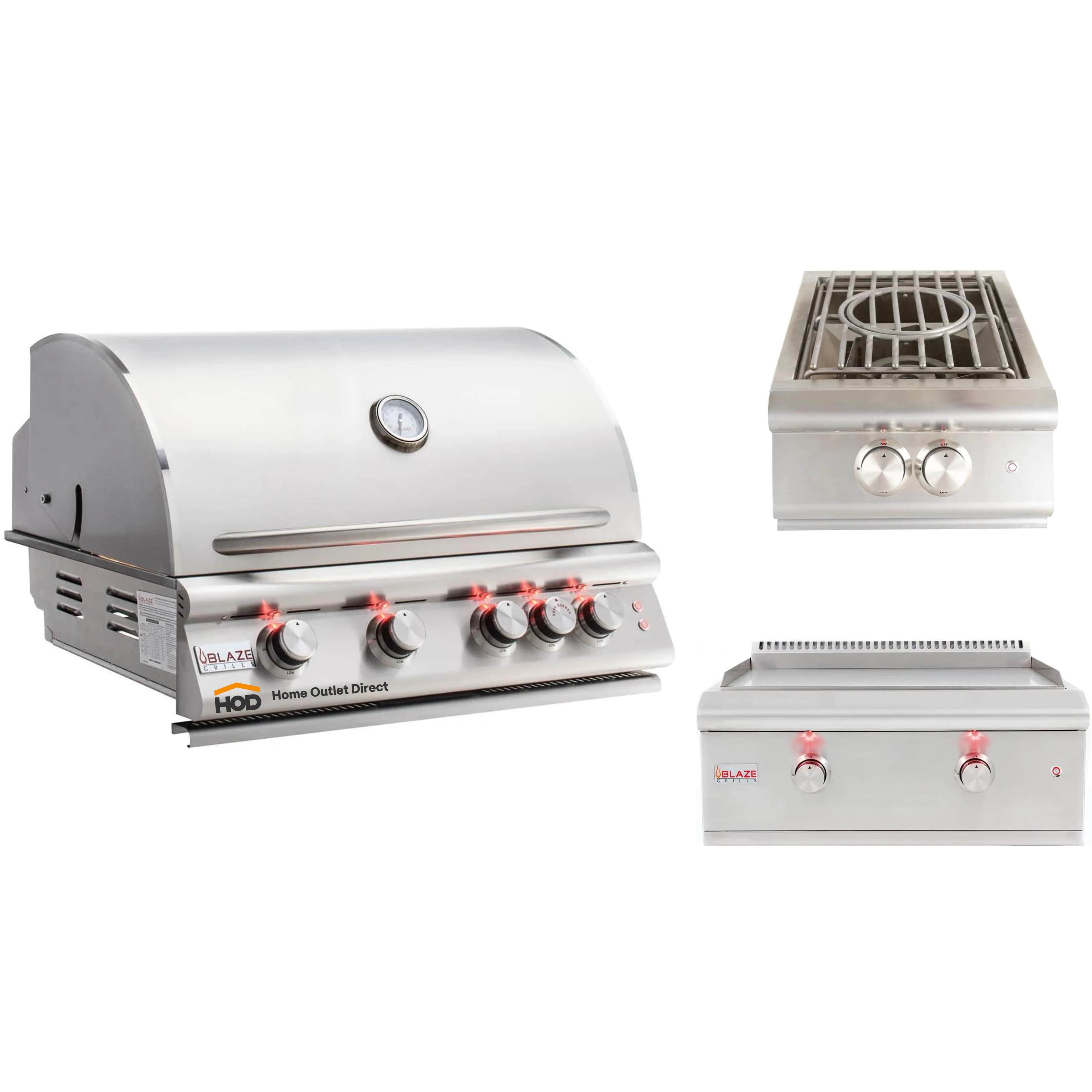 Stainless steel built-in propane grill set with griddle and side burner attachments
