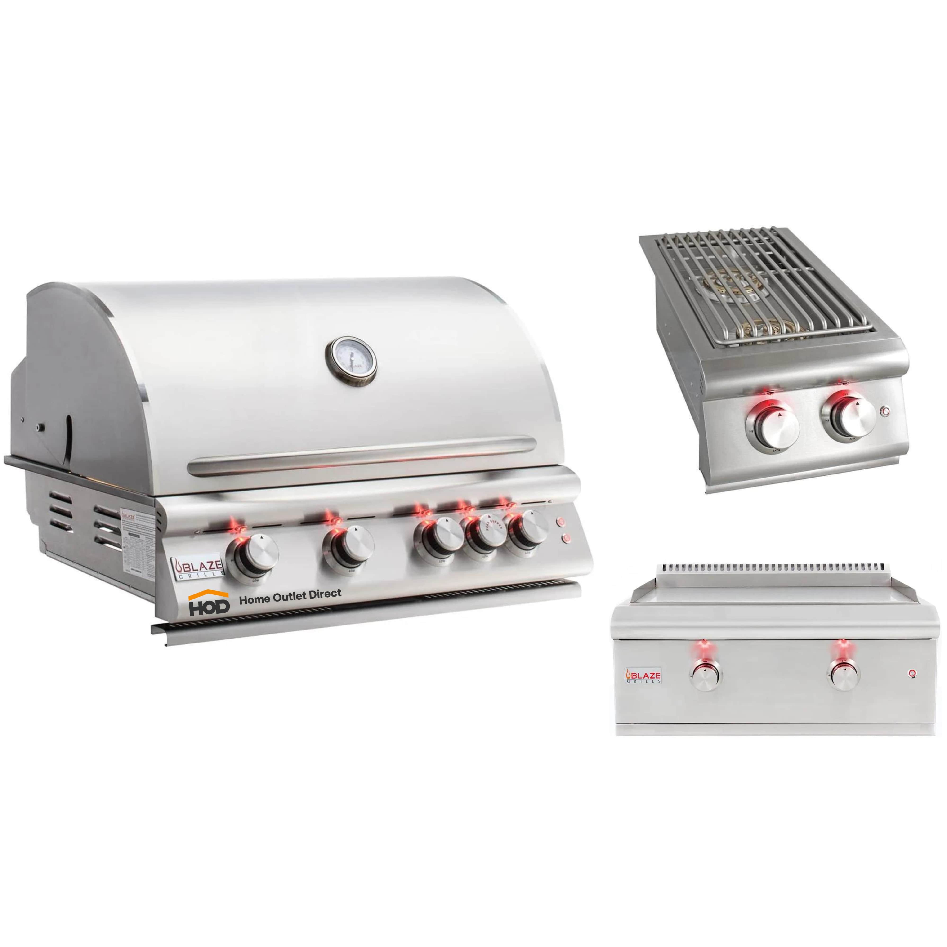 Stainless steel built-in gas grill with four burners, side burner, and griddle