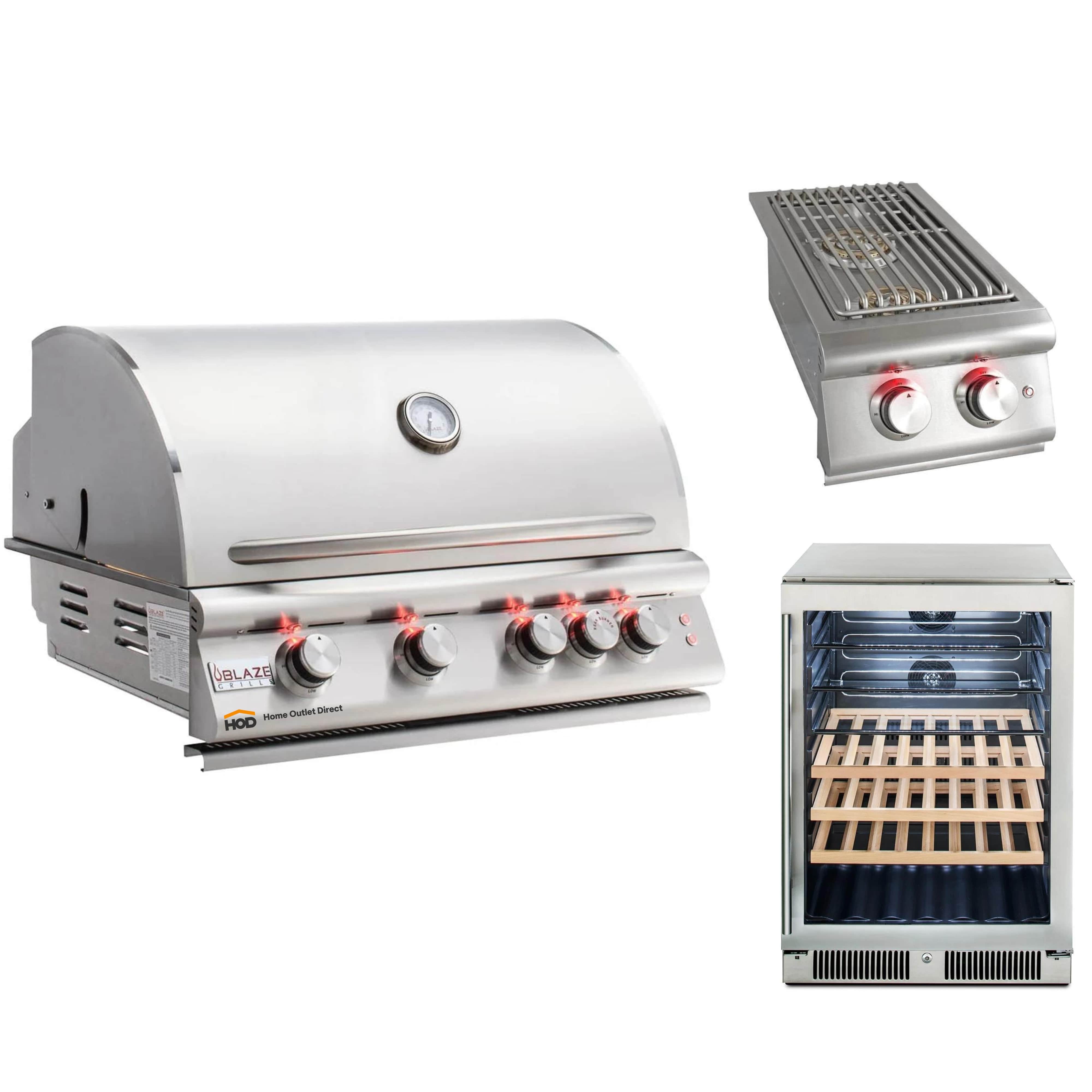 Stainless natural gas grill with four burner knobs, grates, and side burner