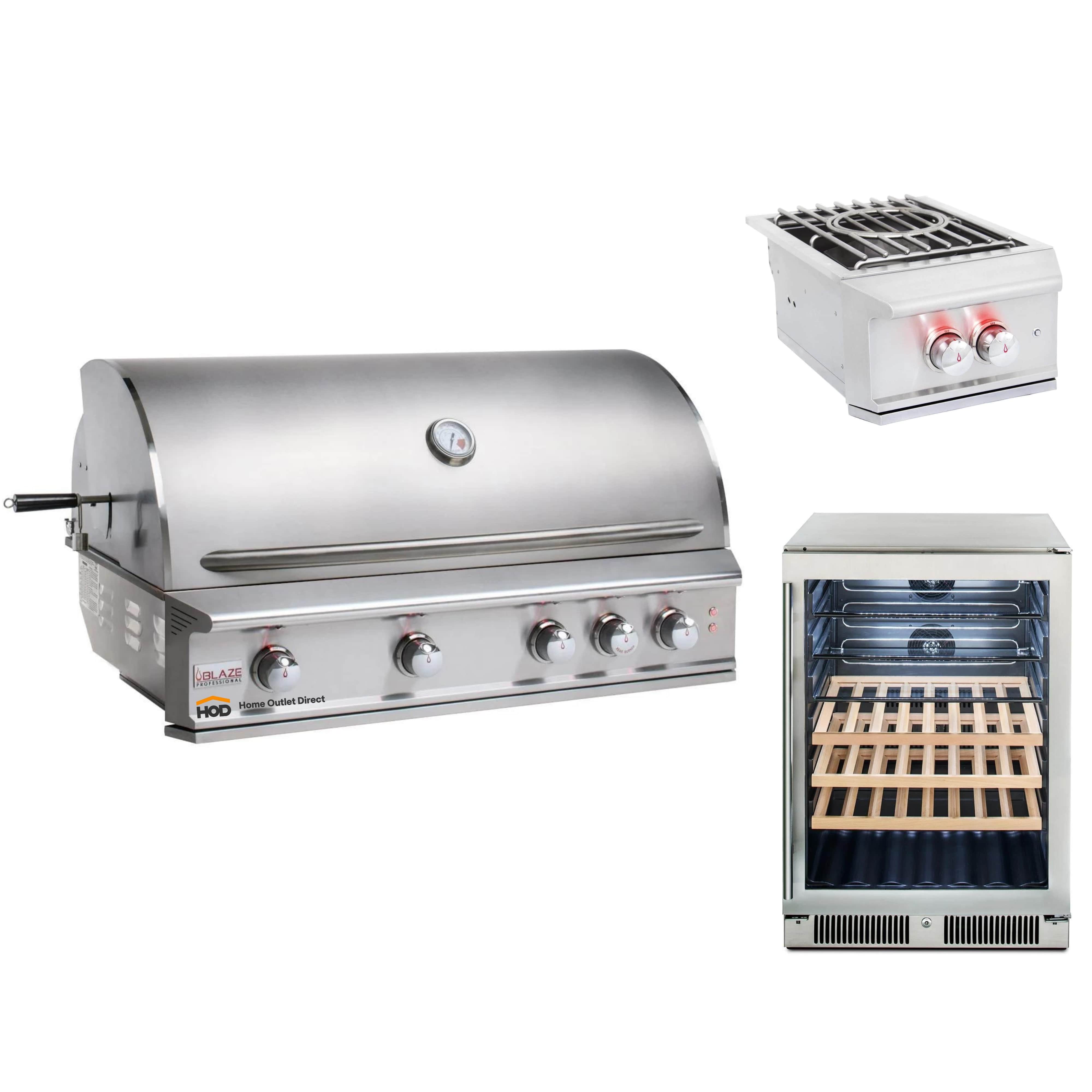 Stainless propane grill with control knobs, lid closed, and side cabinet open