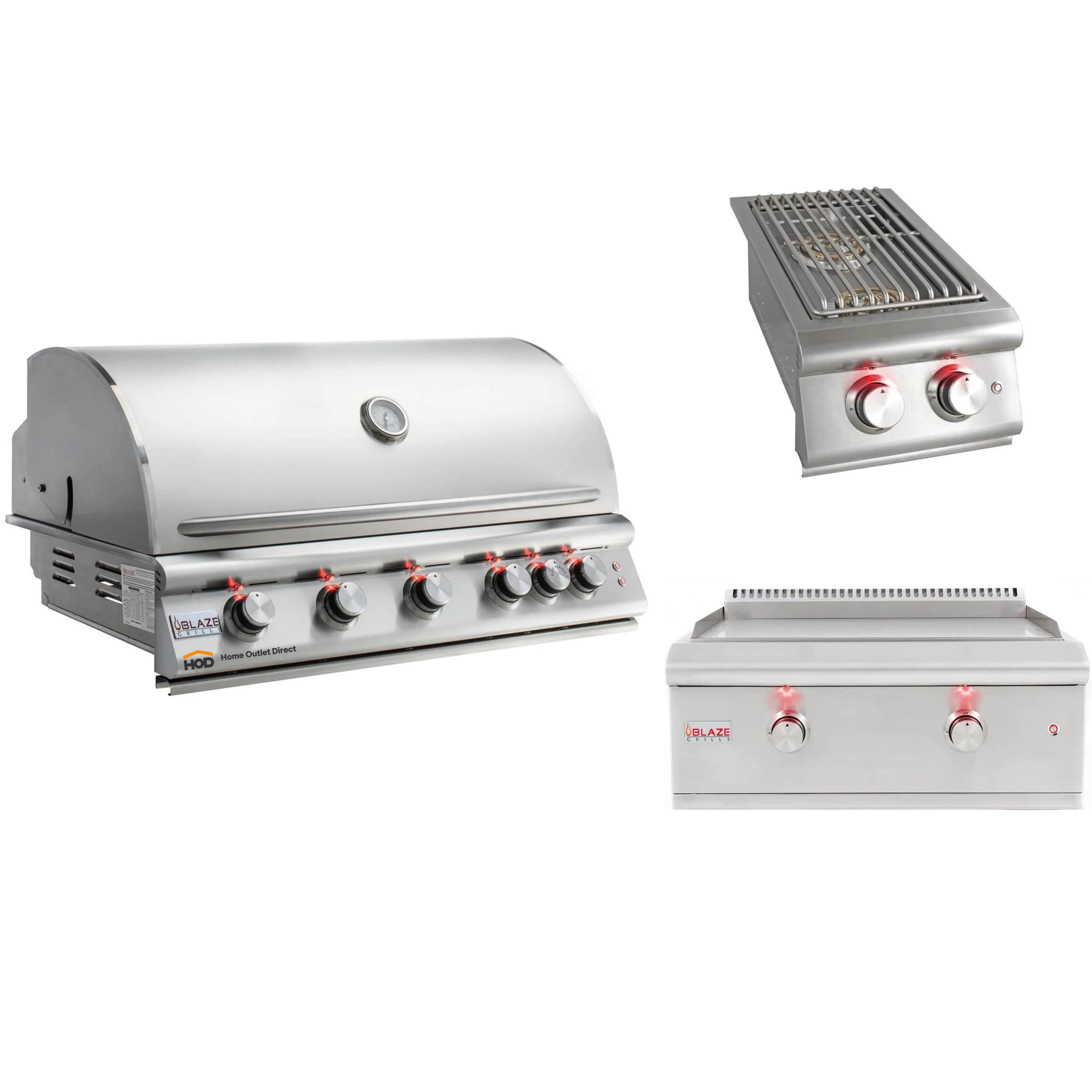 Stainless steel natural gas built-in grill with griddle and two side burners, knobs