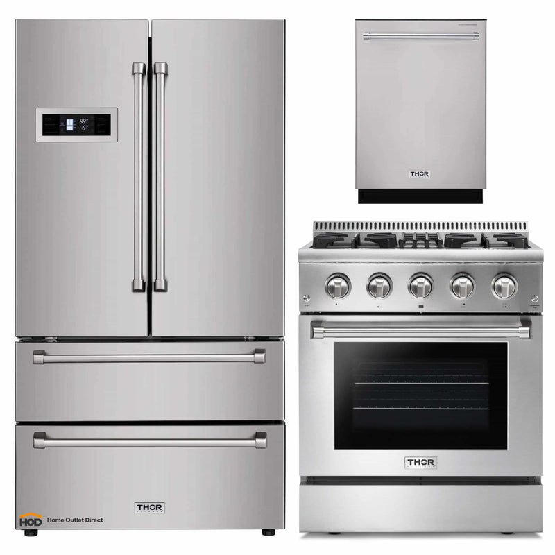 Thor Kitchen 3-Piece Pro Appliance Package - 30-Inch Dual Fuel Range, Dishwasher & Refrigerator in Stainless Steel