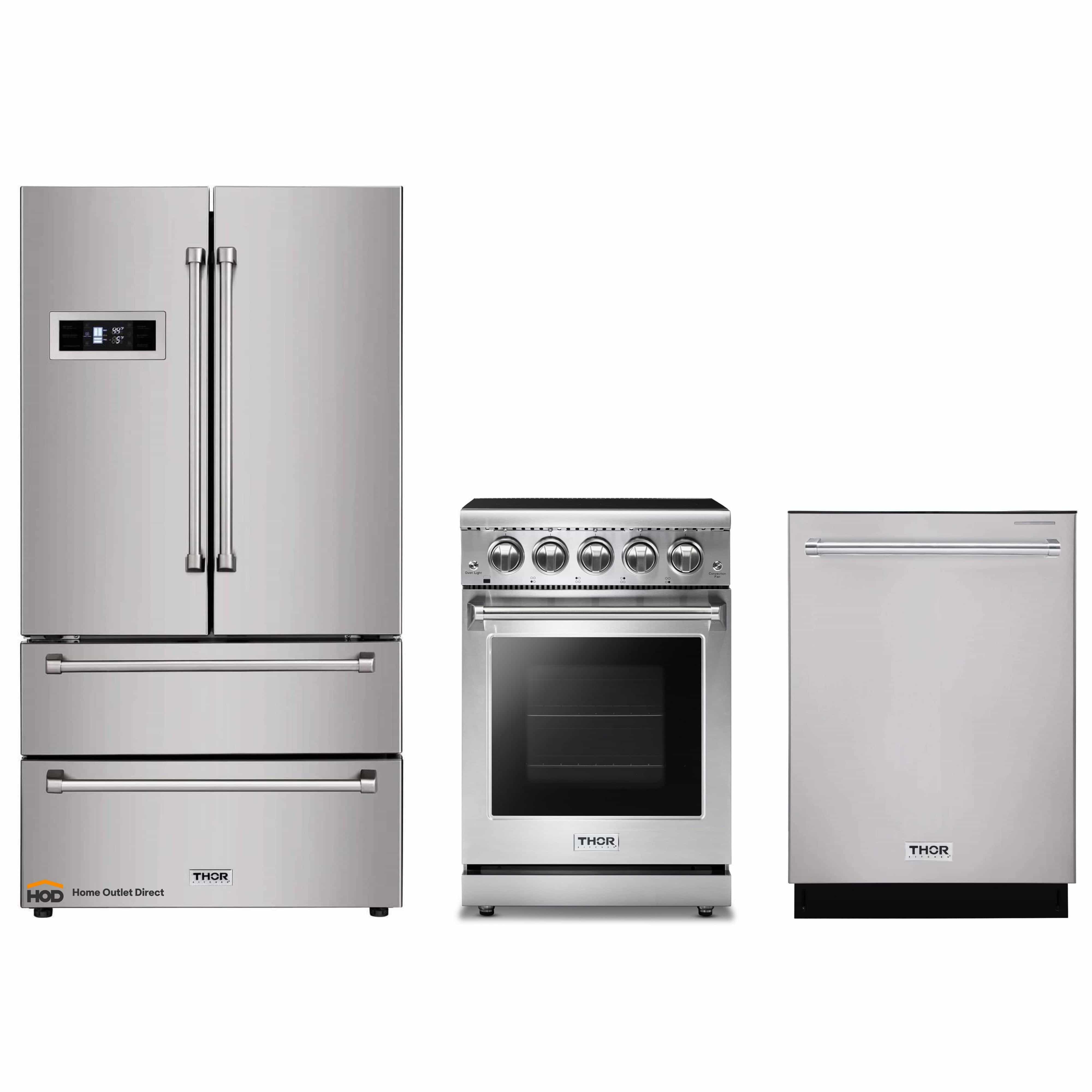 Thor Kitchen 3-Piece Appliance Package - 24-Inch Electric Range, Door Refrigerator, and Dishwasher in Stainless Steel