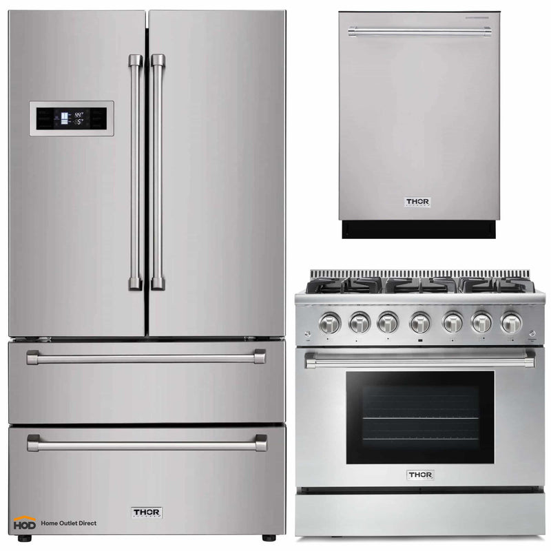 Thor Kitchen 3-Piece Pro Appliance Package - 36-Inch Gas Range, Dishwasher & Refrigerator in Stainless Steel