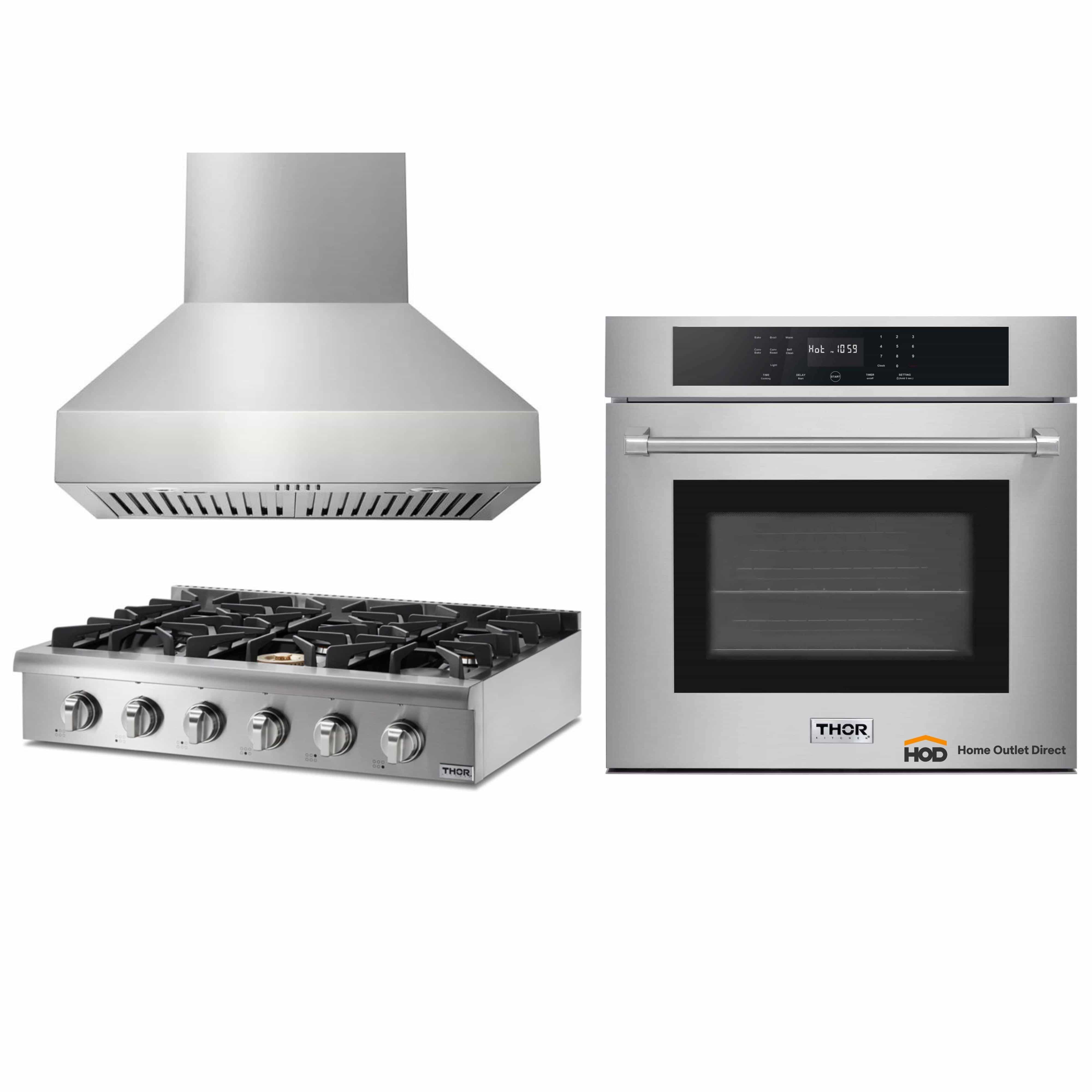Thor Kitchen 3-Piece Pro Appliance Package - 36-Inch Rangetop, Electric Wall Oven & Pro-Style Wall Mount Hood in Stainless Steel