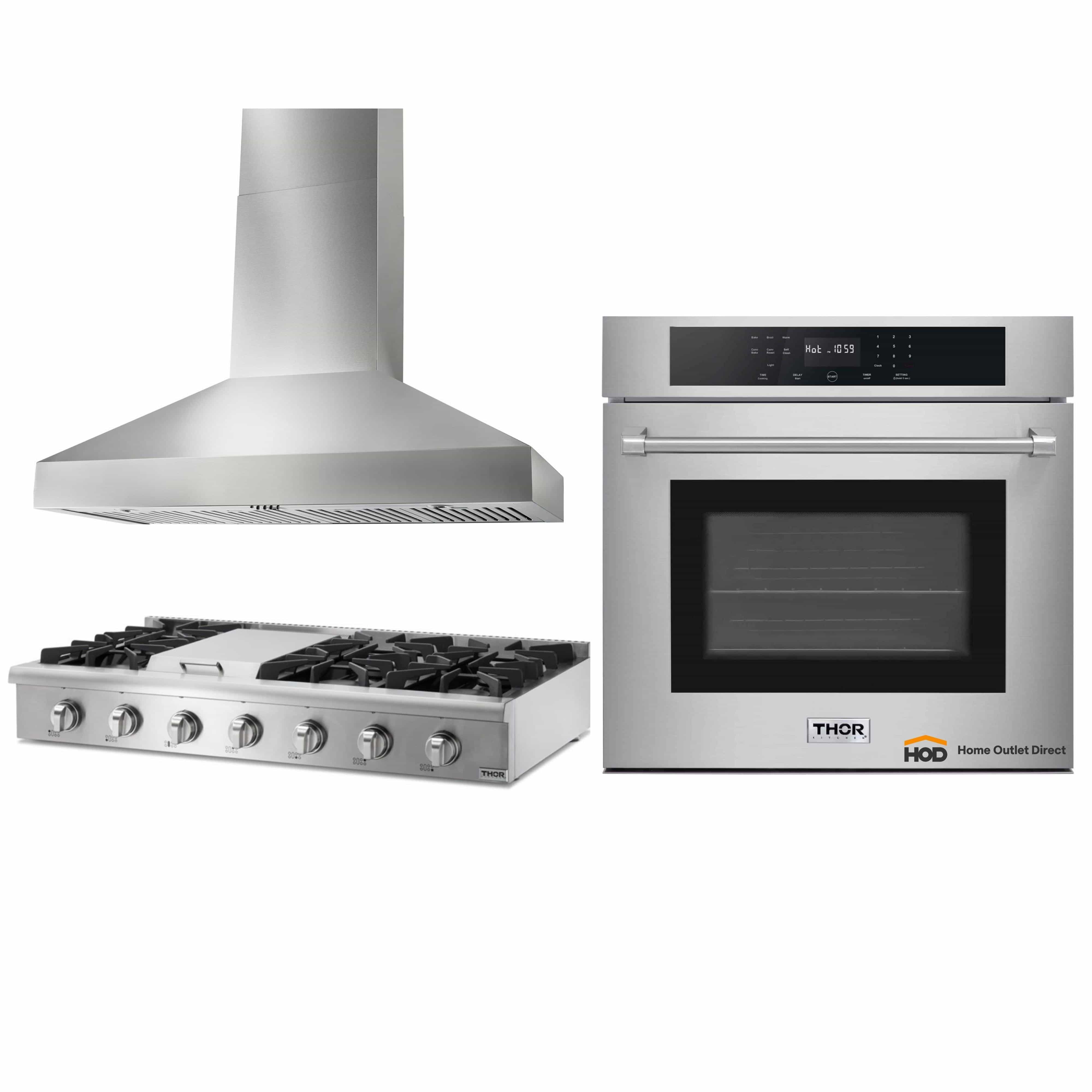 Thor Kitchen 3-Piece Pro Appliance Package - 48-Inch Rangetop, Electric Wall Oven & Wall Mount Hood in Stainless Steel