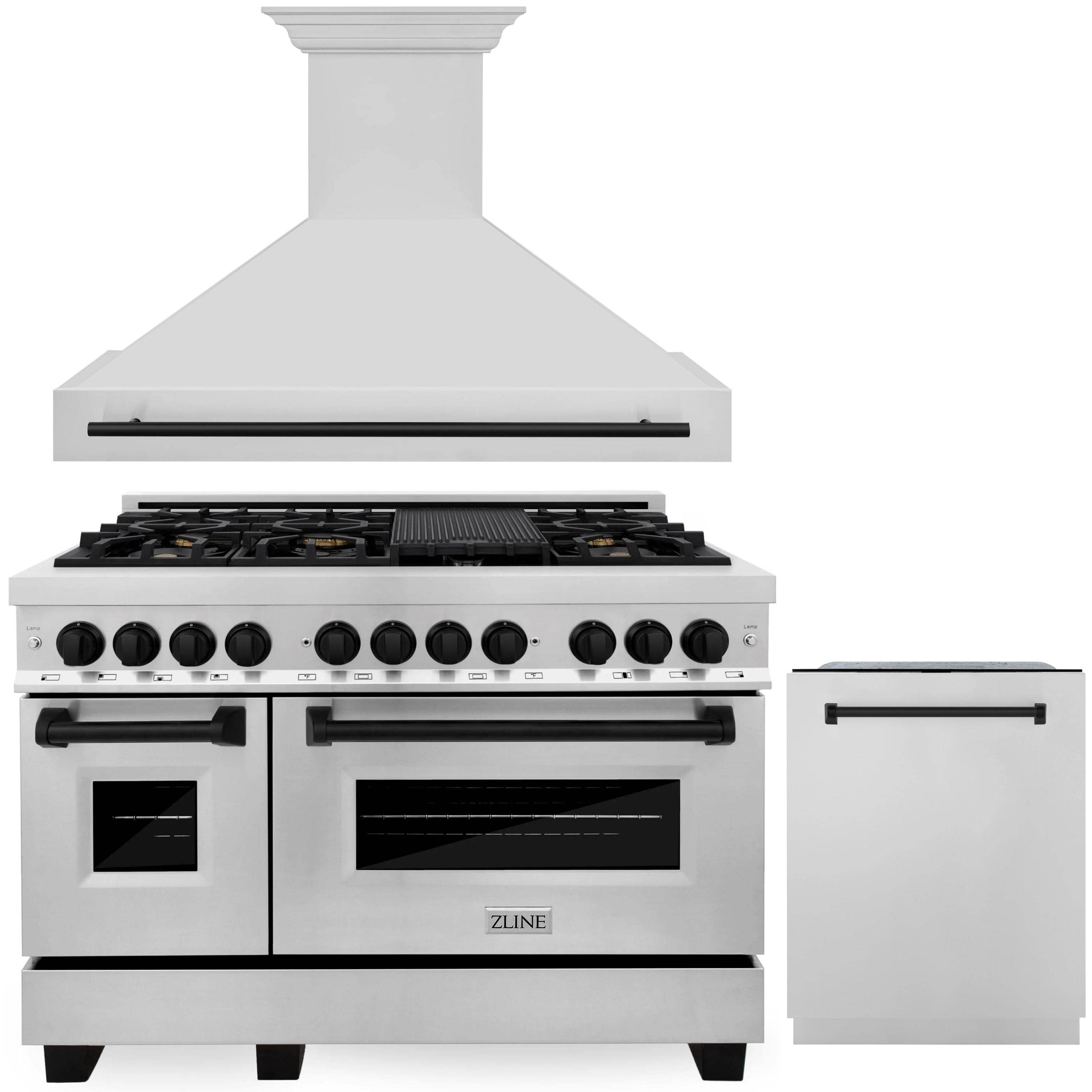White gas range with wall hood and matching dishwasher with dark black door trim