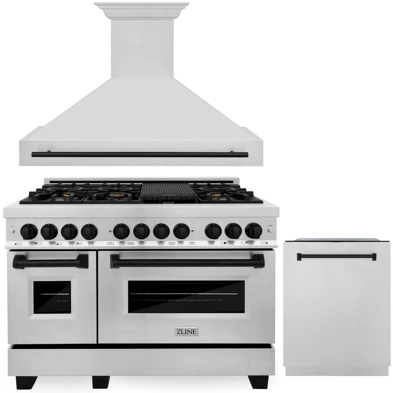 ZLINE Autograph Edition 3-Piece Appliance Package - 48-Inch Gas Range, Wall Mounted Range Hood, & 24-Inch Tall Tub Dishwasher in Stainless Steel with Matte Black Trim (3AKPR-RGRH48-MB)
