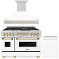 ZLINE Autograph Edition 3-Piece Appliance Package - 48-Inch Gas Range, Wall Mounted Range Hood, & 24-Inch Tall Tub Dishwasher in Stainless Steel and White Door with Gold Trim (3AKPR-SGRWMRH48-G)
