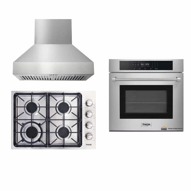 Thor Kitchen 3-Piece Pro Appliance Package - 30-Inch Gas Cooktop, Electric Wall Oven & Wall Mount Hood in Stainless Steel