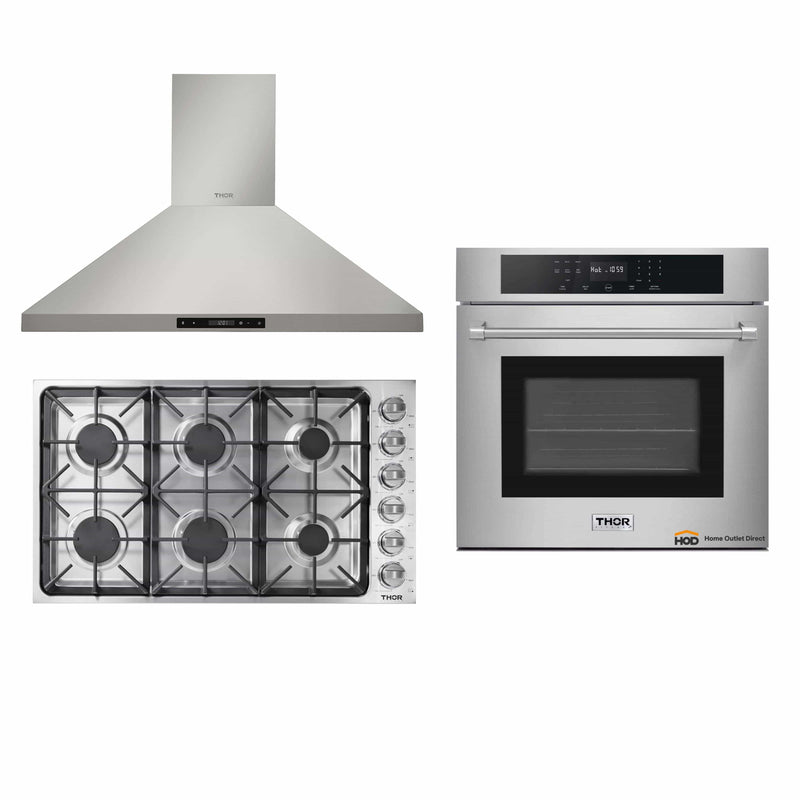 Thor Kitchen 3-Piece Pro Appliance Package - 36-Inch Gas Cooktop, Electric Wall Oven & Wall Mount Hood in Stainless Steel