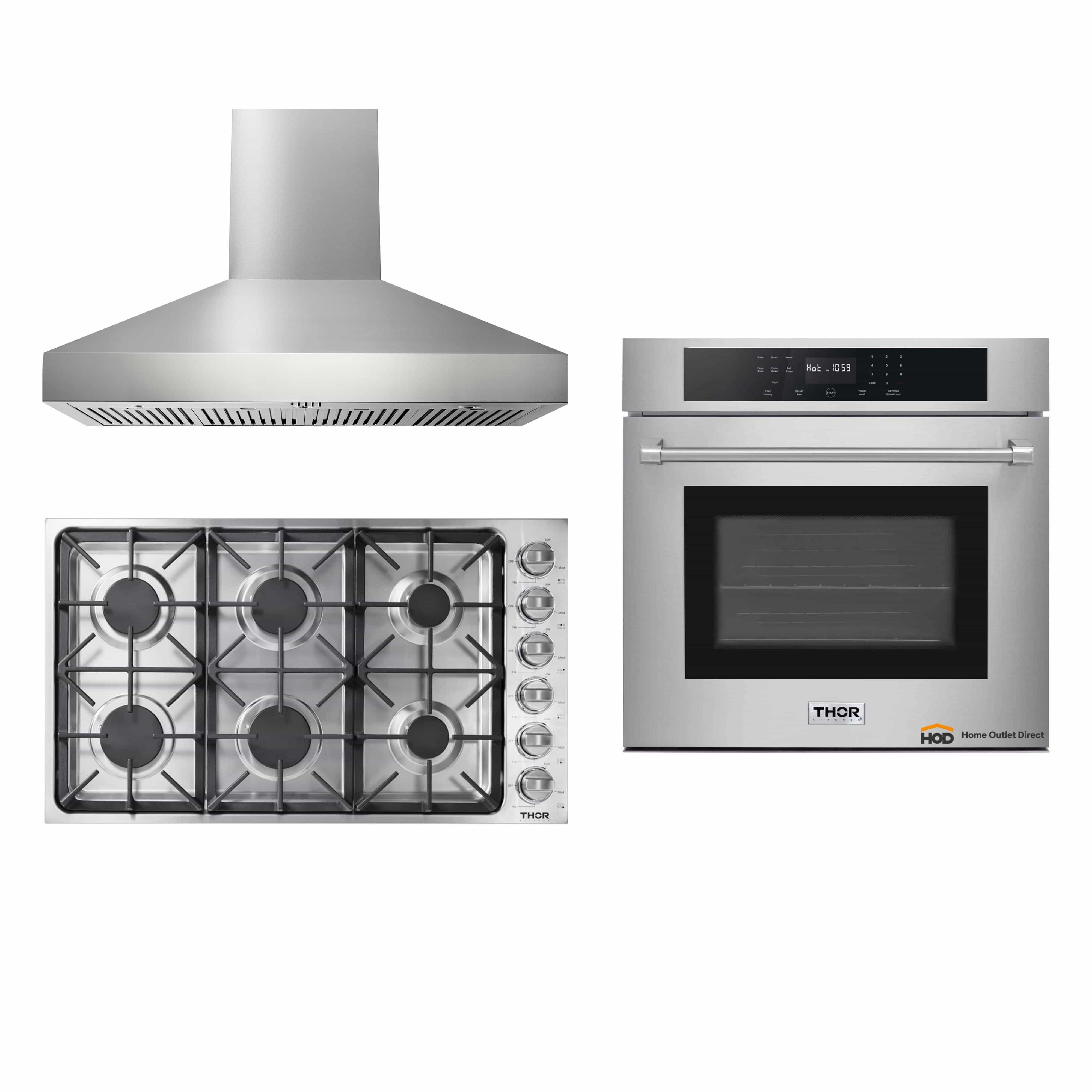 Thor Kitchen 3-Piece Pro Appliance Package - 36-Inch Gas Cooktop, Electric Wall Oven & Pro-Style Wall Mount Hood in Stainless Steel