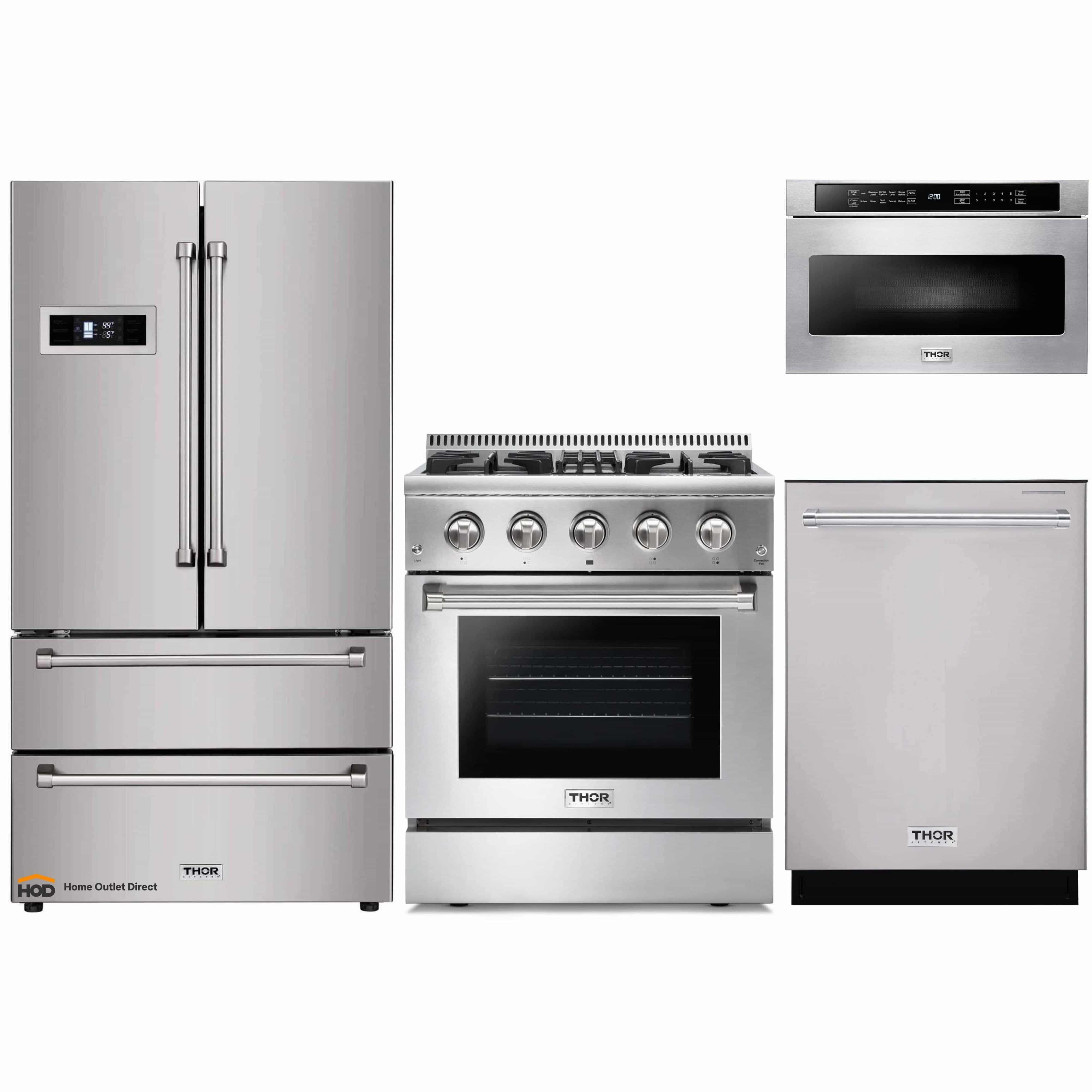Thor Kitchen 4-Piece Pro Appliance Package - 30-Inch Dual Fuel Range, Refrigerator, Dishwasher, and Microwave Drawer in Stainless Steel