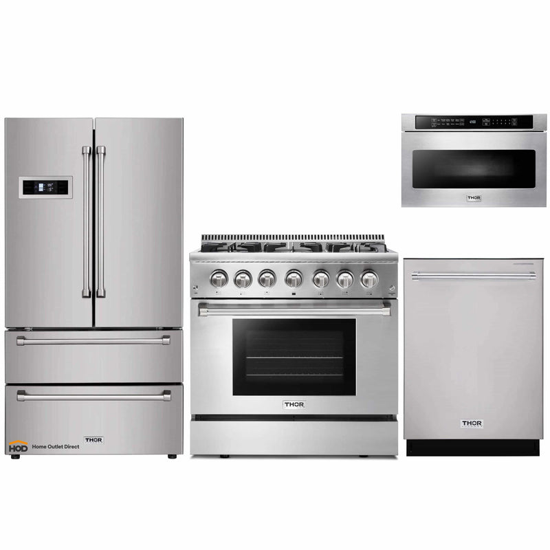 Thor Kitchen 4-Piece Pro Appliance Package - 36-Inch Dual Fuel Range, Refrigerator, Dishwasher, and Microwave Drawer in Stainless Steel