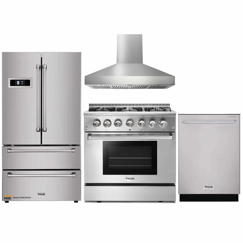 Thor Kitchen 4-Piece Pro Appliance Package - 36-Inch Dual Fuel Range, Refrigerator, Pro-Style Wall Mount Hood and Dishwasher in Stainless Steel