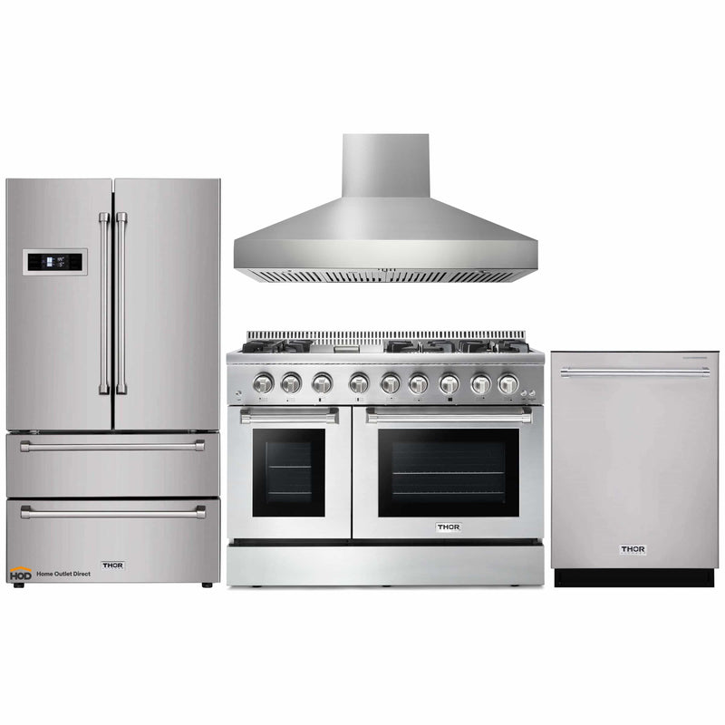 Thor Kitchen 4-Piece Pro Appliance Package - 48-Inch Gas Range, Pro Wall Mount Hood, Refrigerator, and Dishwasher in Stainless Steel