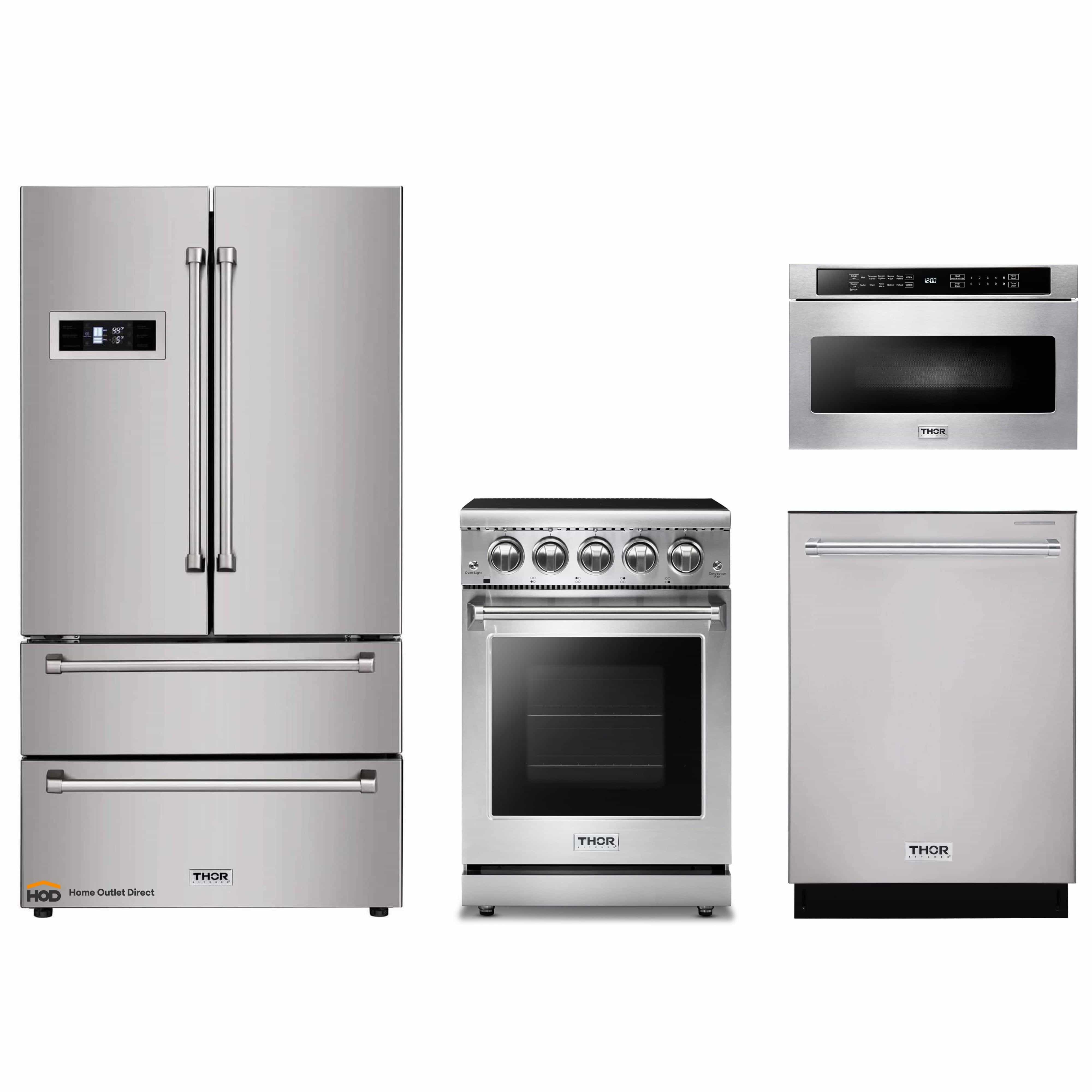 Thor Kitchen 4-Piece Appliance Package - 24-Inch Electric Range, Refrigerator, Dishwasher, and Microwave Drawer in Stainless Steel