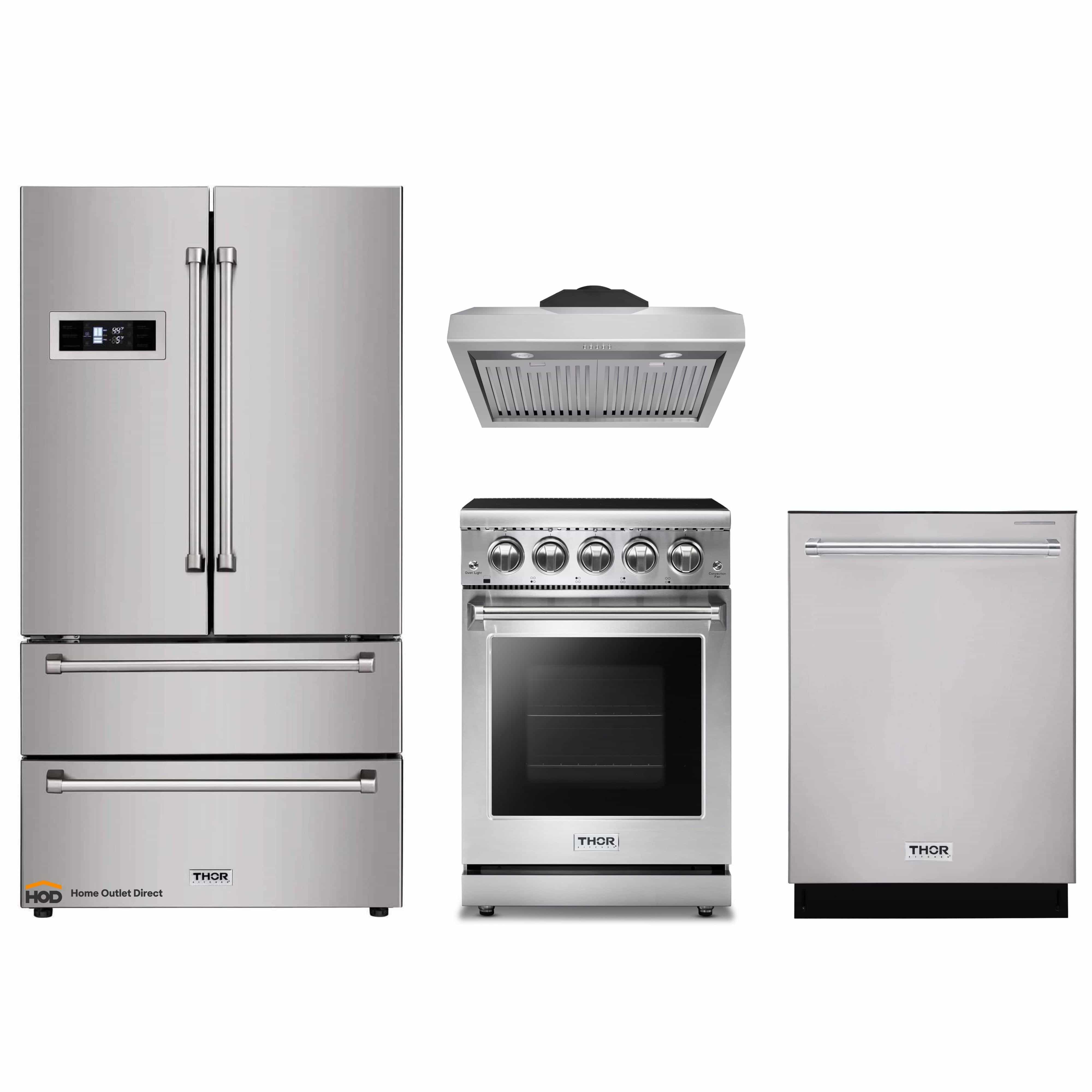 Thor Kitchen 4-Piece Appliance Package - 24-Inch Electric Range, Refrigerator, Under Cabinet Hood, and Dishwasher in Stainless Steel