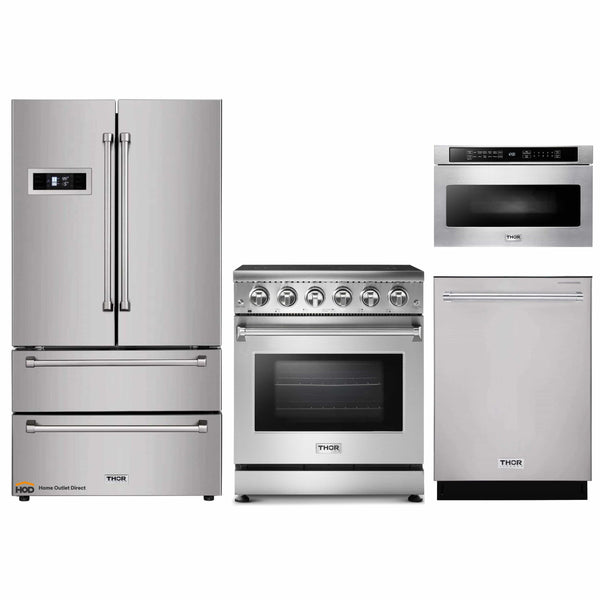 Thor Kitchen 4-Piece Appliance Package - 30-Inch Electric Range, Refrigerator, Dishwasher, and Microwave Drawer in Stainless Steel