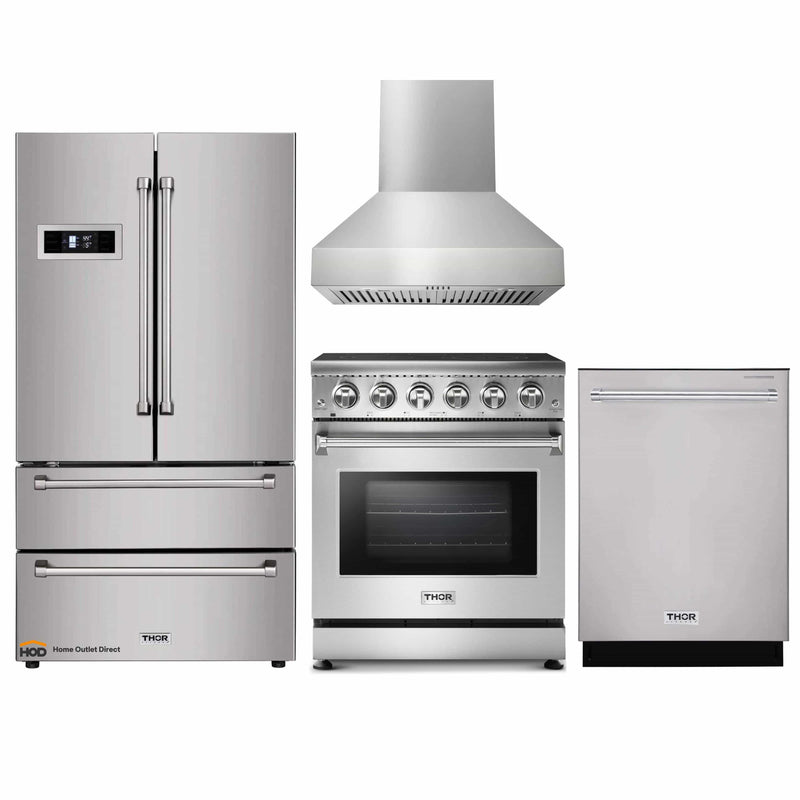 Thor Kitchen 4-Piece Appliance Package - 30-Inch Electric Range, Refrigerator, Pro-Style Wall Mount Hood, and Dishwasher in Stainless Steel