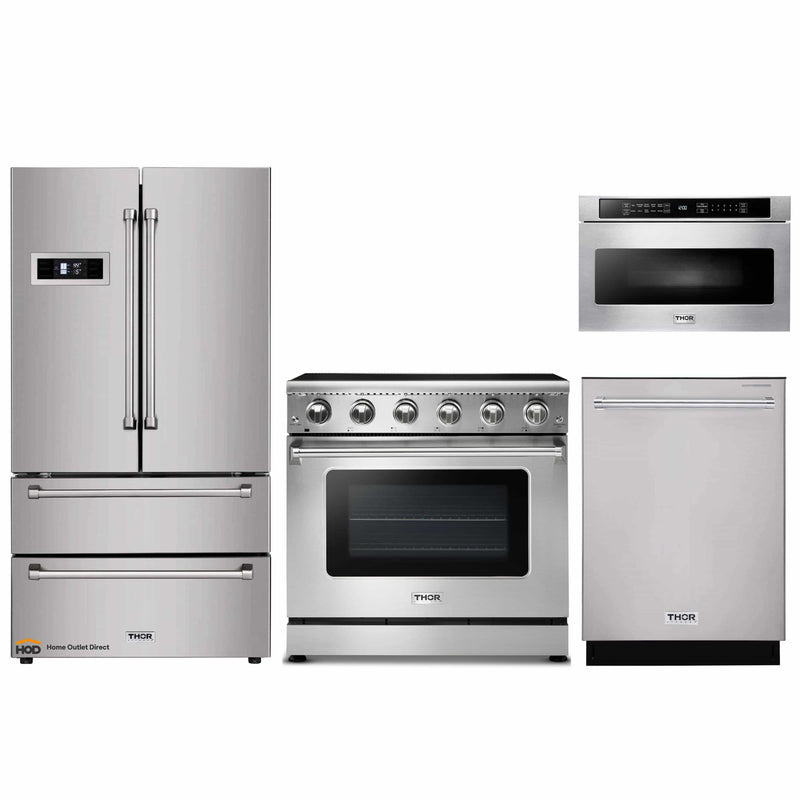 Thor Kitchen 4-Piece Appliance Package - 36-Inch Electric Range, Refrigerator, Dishwasher, and Microwave Drawer in Stainless Steel