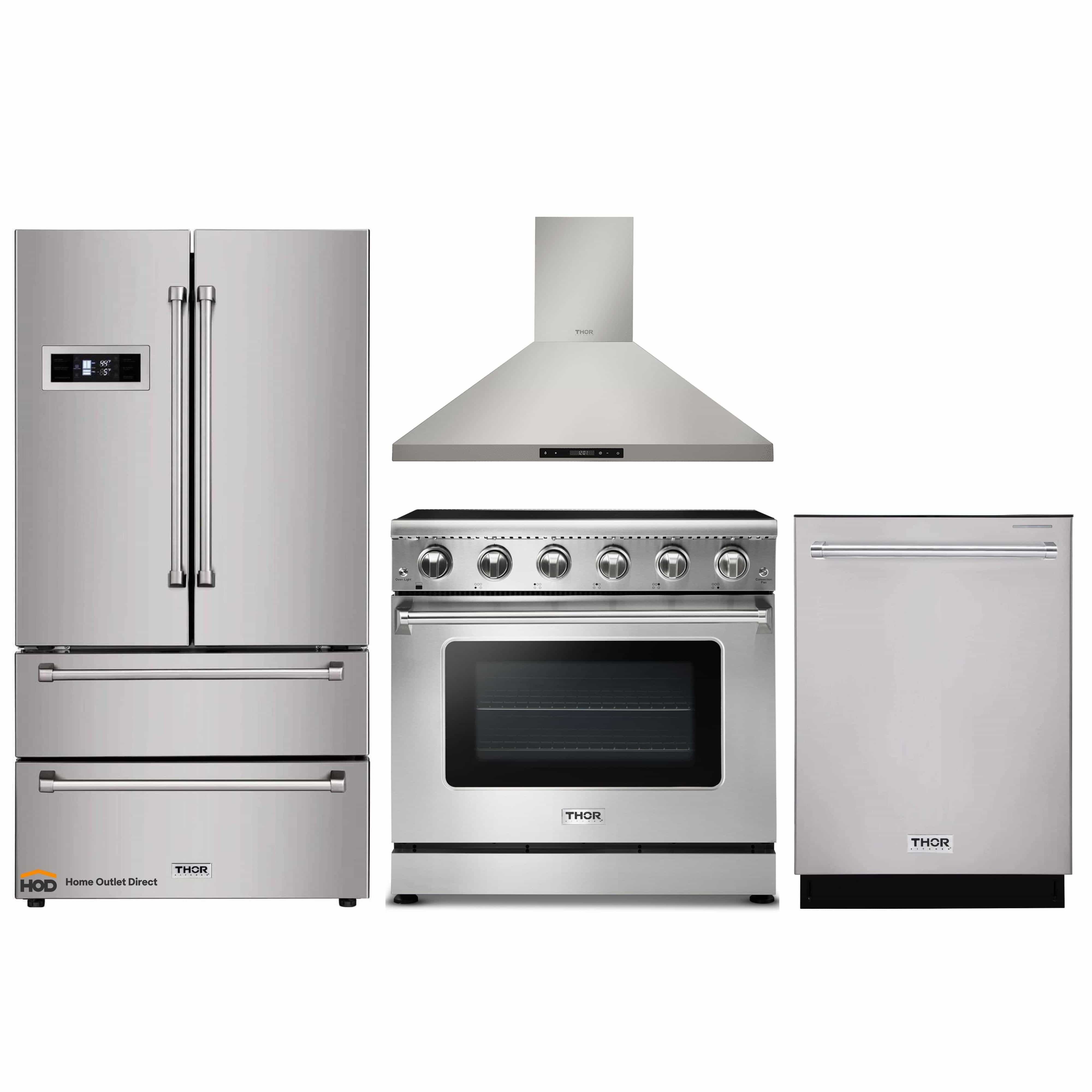 Thor Kitchen 4-Piece Appliance Package - 36-Inch Electric Range, Refrigerator, Wall Mount Hood, and Dishwasher in Stainless Steel