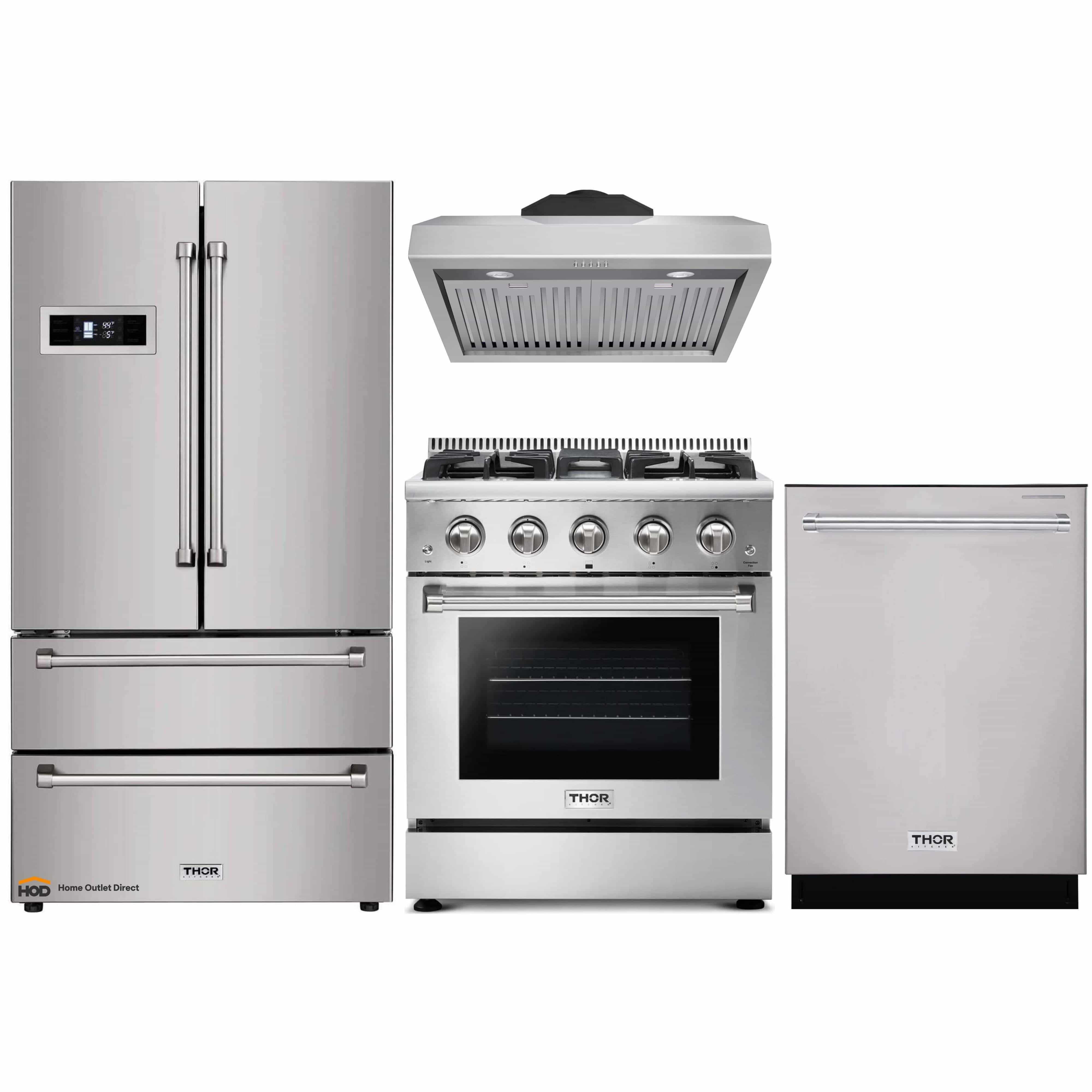 Thor Kitchen 4-Piece Pro Appliance Package - 30-Inch Gas Range, Refrigerator, Under Cabinet Hood and Dishwasher in Stainless Steel