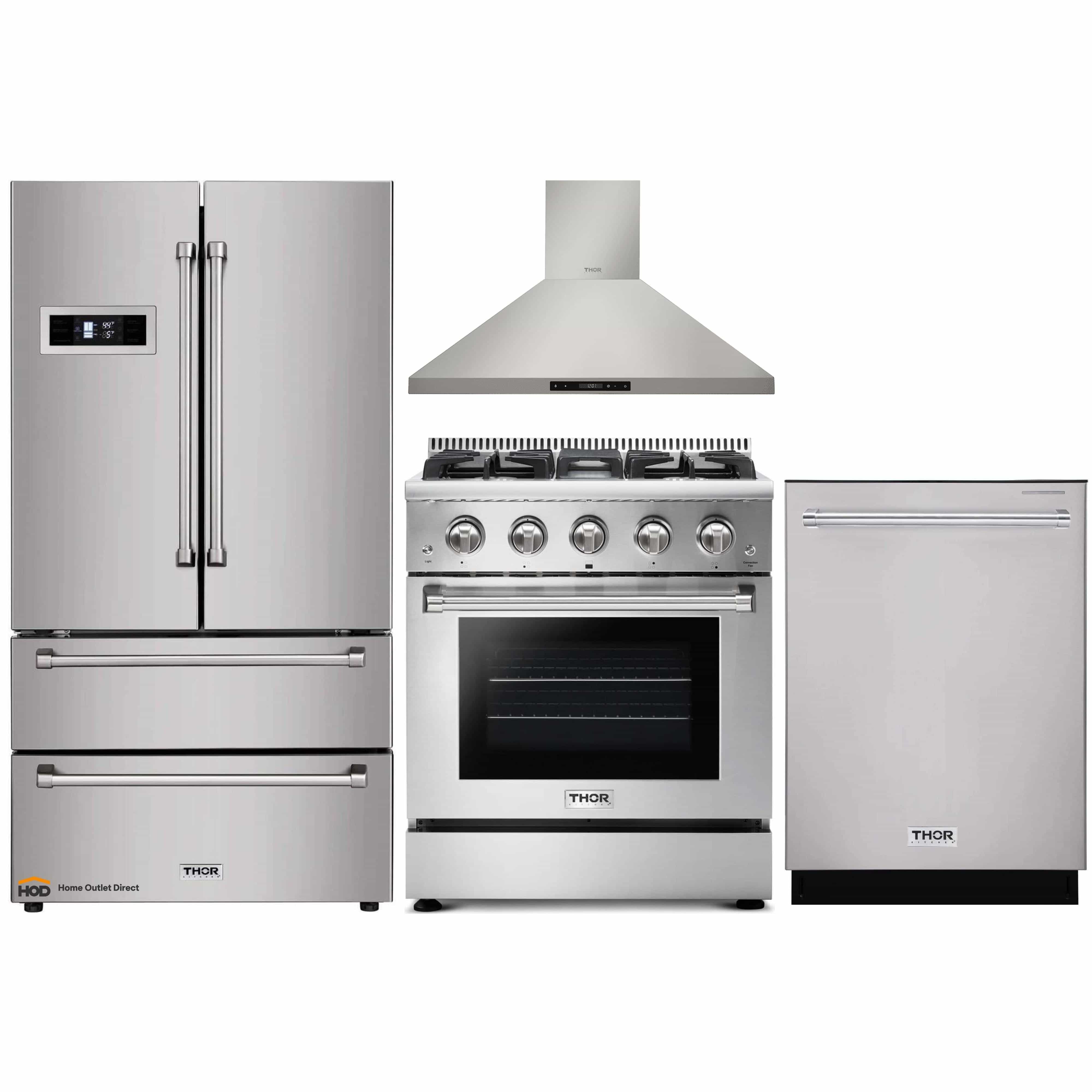 Thor Kitchen 4-Piece Pro Appliance Package - 30-Inch Gas Range, Refrigerator, Wall Mount Hood and Dishwasher in Stainless Steel