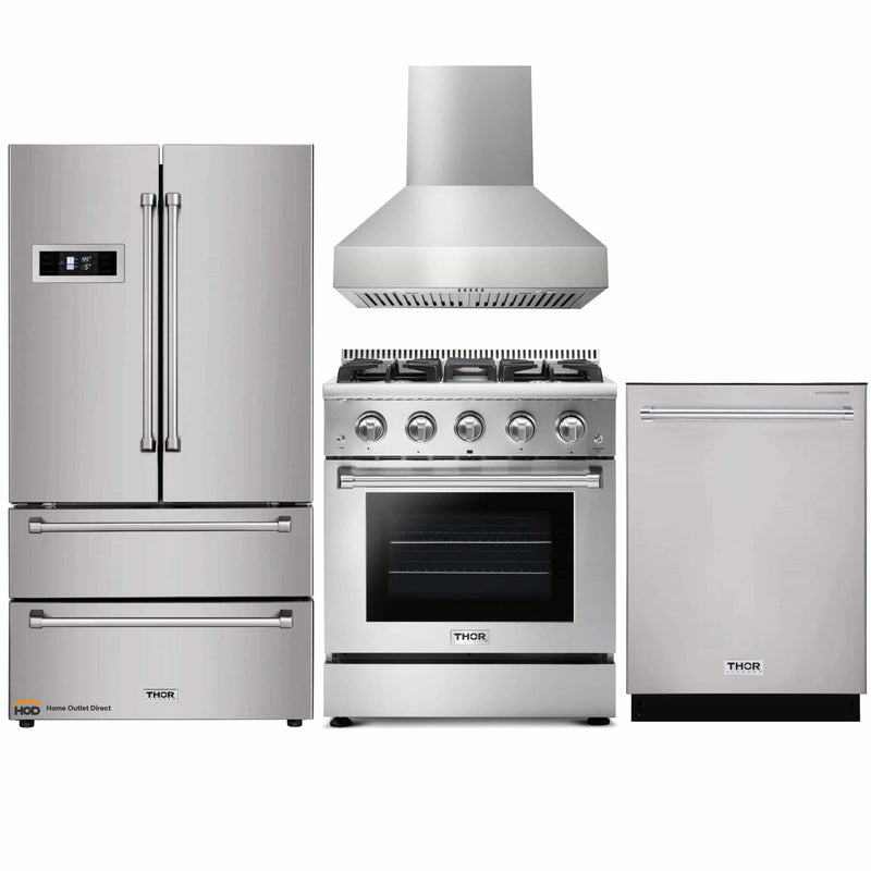Thor Kitchen 4-Piece Pro Appliance Package - 30-Inch Gas Range, Refrigerator, Pro-Style Wall Mount Hood and Dishwasher in Stainless Steel