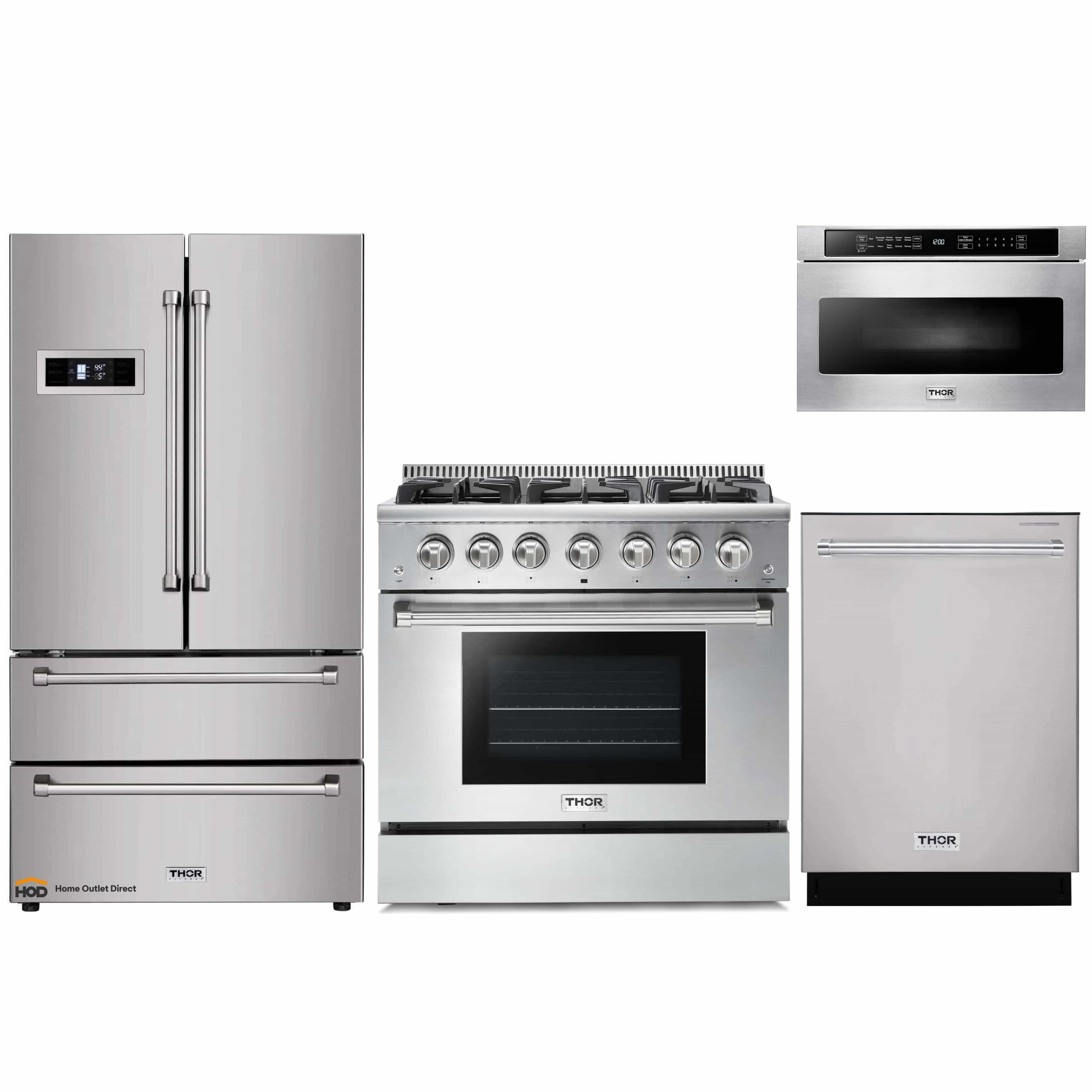 Thor Kitchen 4-Piece Pro Appliance Package - 36-Inch Gas Range, Refrigerator, Dishwasher, and Microwave Drawer in Stainless Steel