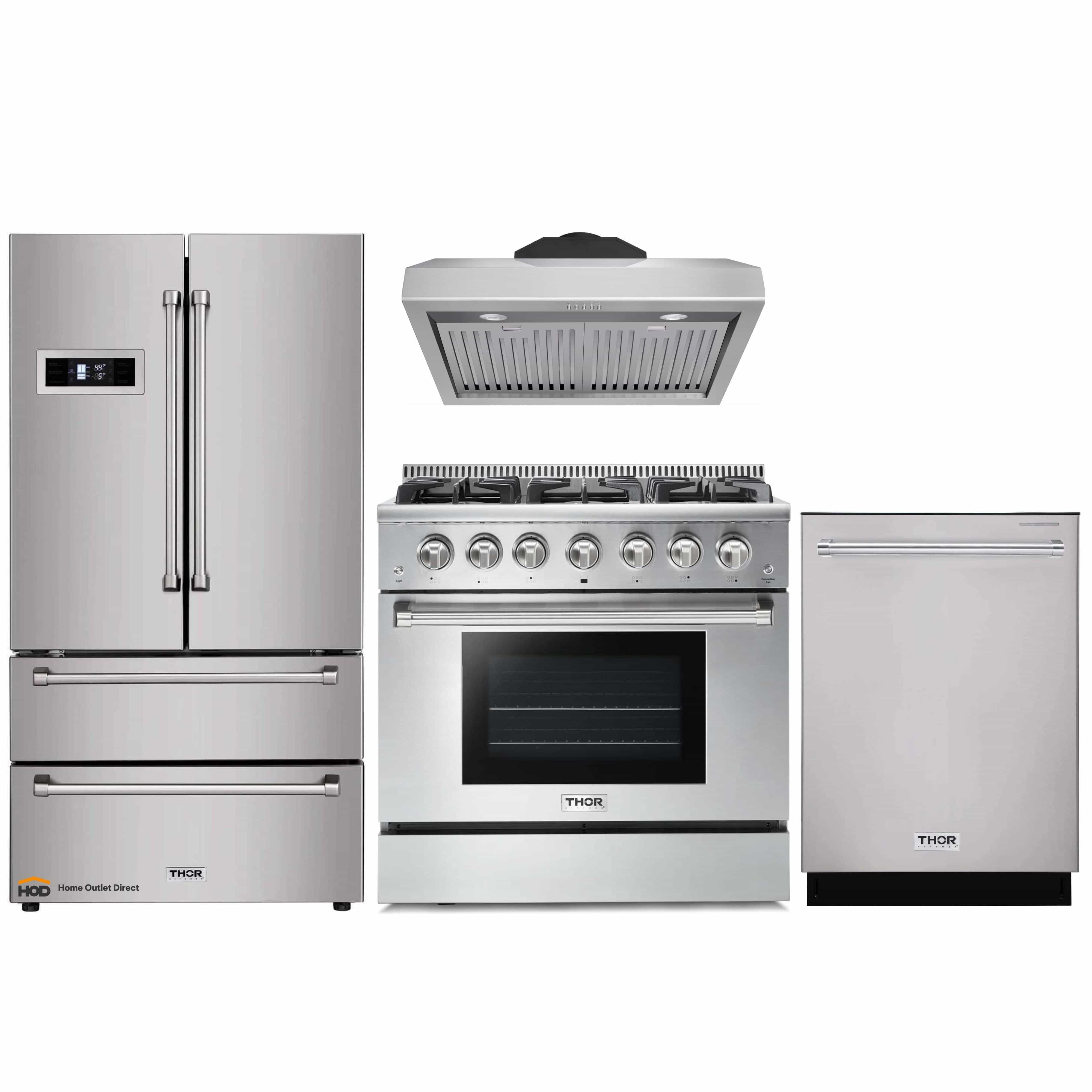 Thor Kitchen 4-Piece Pro Appliance Package - 36-Inch Gas Range, Refrigerator, Under Cabinet Hood and Dishwasher in Stainless Steel