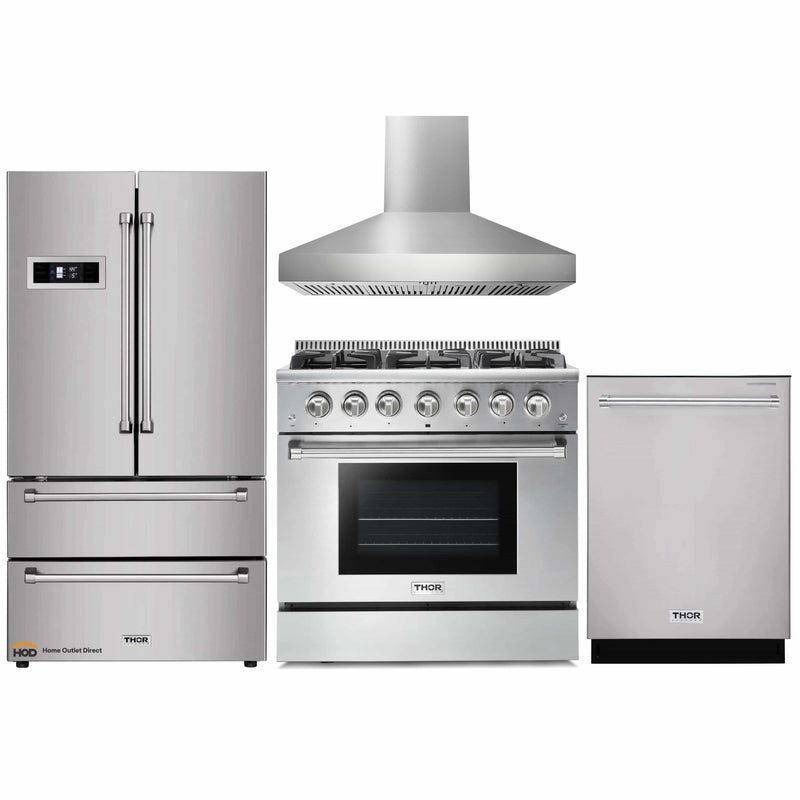 Thor Kitchen 4-Piece Pro Appliance Package - 36-Inch Gas Range, Refrigerator, Pro-Style Wall Mount Hood and Dishwasher in Stainless Steel