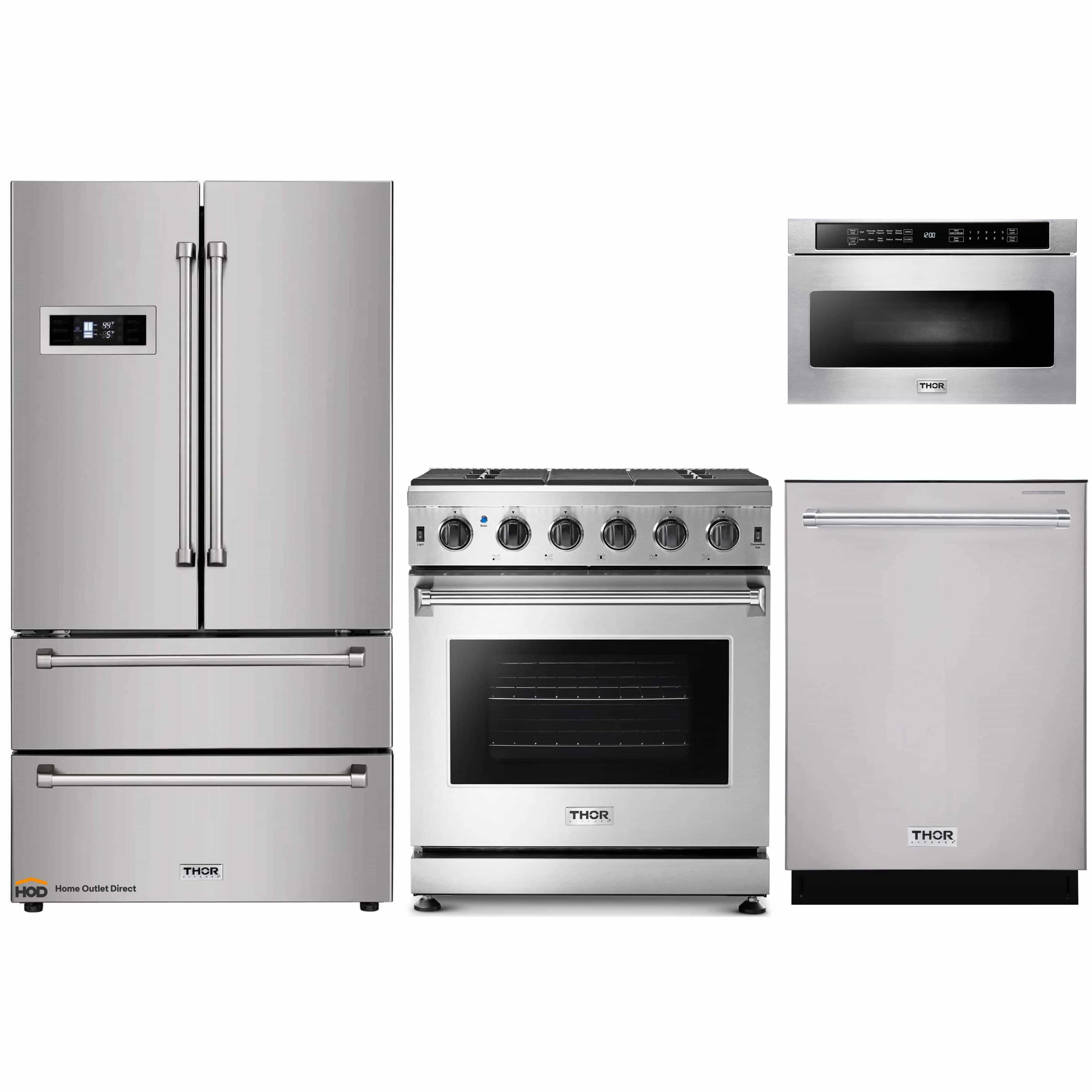 Thor Kitchen 4-Piece Appliance Package - 30-Inch Gas Range, Refrigerator, Dishwasher, and Microwave Drawer in Stainless Steel
