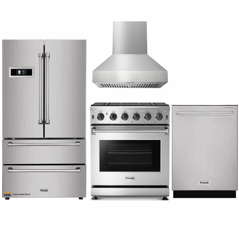 Thor Kitchen 4-Piece Appliance Package - 30-Inch Gas Range, Refrigerator, Pro-Style Wall Mount Hood, and Dishwasher in Stainless Steel