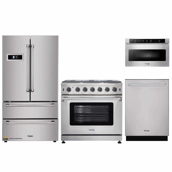 Thor Kitchen 4-Piece Appliance Package - 36-Inch Gas Range, Refrigerator, Dishwasher, and Microwave Drawer in Stainless Steel