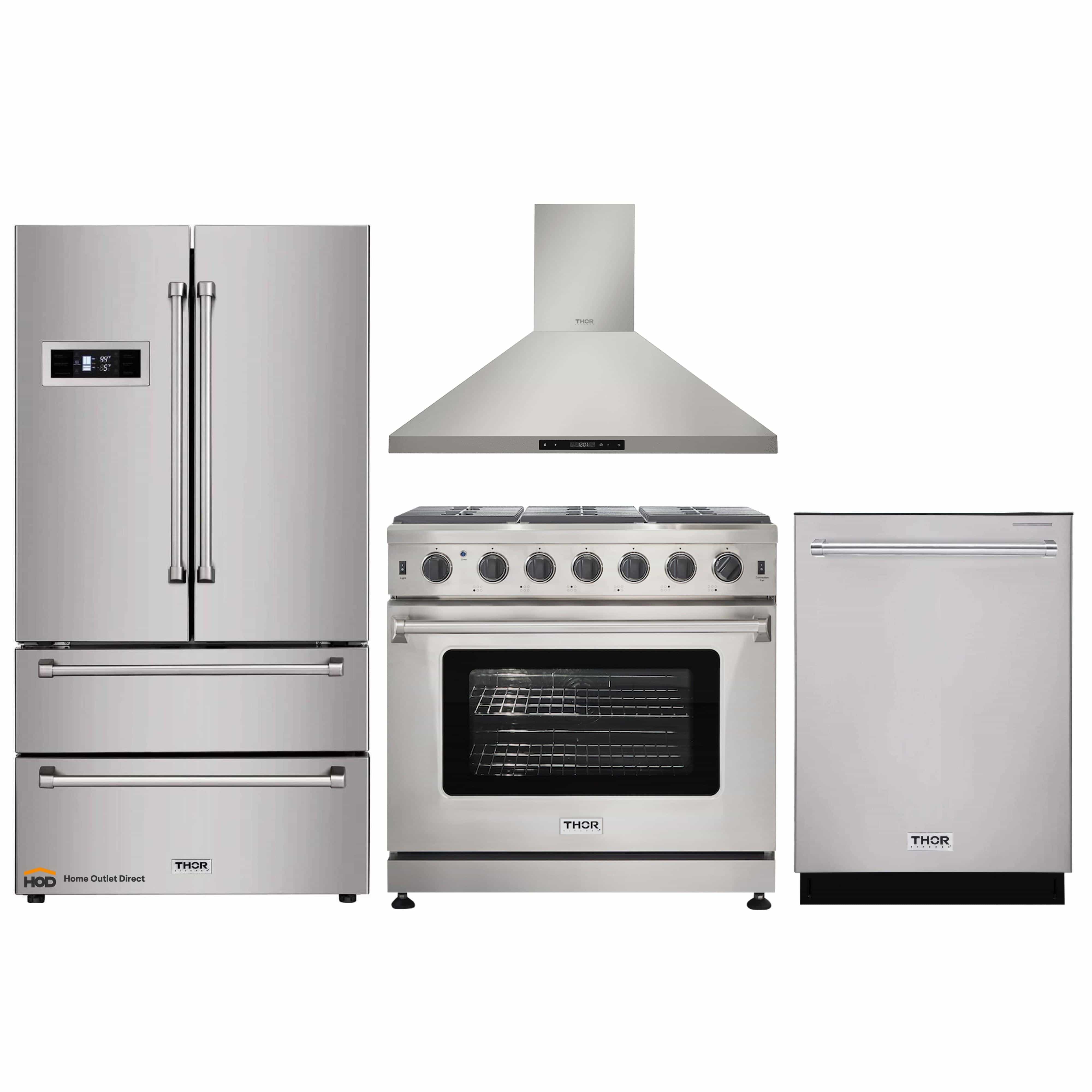 Thor Kitchen 4-Piece Appliance Package - 36-Inch Gas Range, Refrigerator, Wall Mount Hood, and Dishwasher in Stainless Steel