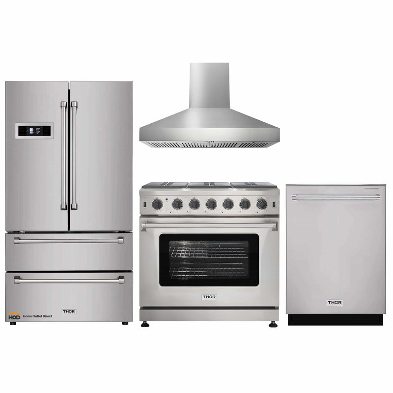 Thor Kitchen 4-Piece Appliance Package - 36-Inch Gas Range, Refrigerator, Pro-Style Wall Mount Hood, and Dishwasher in Stainless Steel
