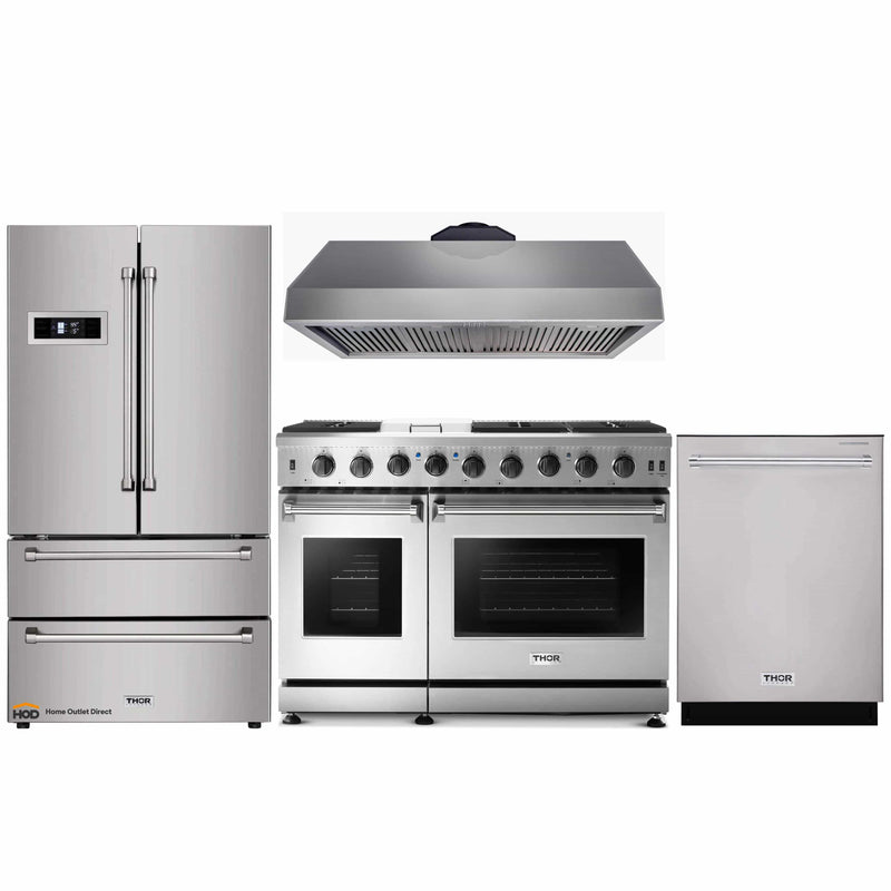 Thor Kitchen 4-Piece Appliance Package - 48-Inch Gas Range, Refrigerator, Under Cabinet 16.5-Inch Tall Hood & Dishwasher in Stainless Steel