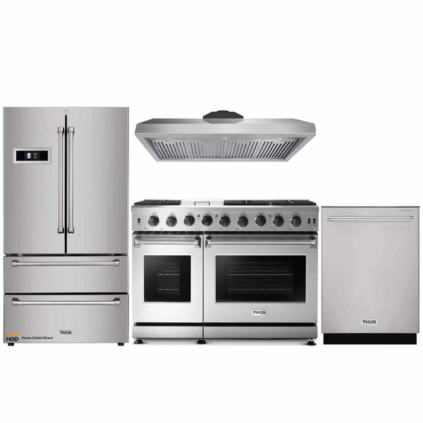 Thor Kitchen 4-Piece Appliance Package - 48-Inch Gas Range, Refrigerator, Under Cabinet 11-Inch Tall Hood & Dishwasher in Stainless Steel