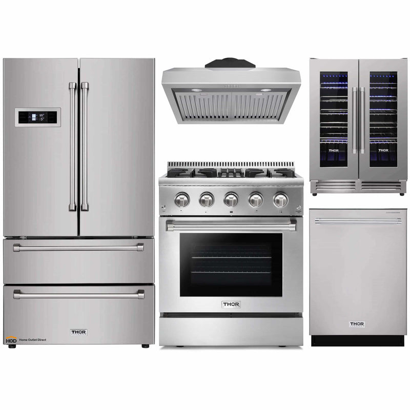 Thor Kitchen 5-Piece Pro Appliance Package - 30-Inch Dual Fuel Range, Refrigerator, Under Cabinet Hood, Dishwasher, and Wine Cooler in Stainless Steel