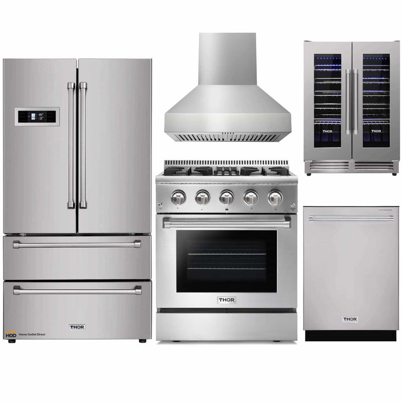 Thor Kitchen 5-Piece Pro Appliance Package - 30-Inch Dual Fuel Range, Refrigerator, Pro-Style Wall Mount Hood, Dishwasher, and Wine Cooler in Stainless Steel