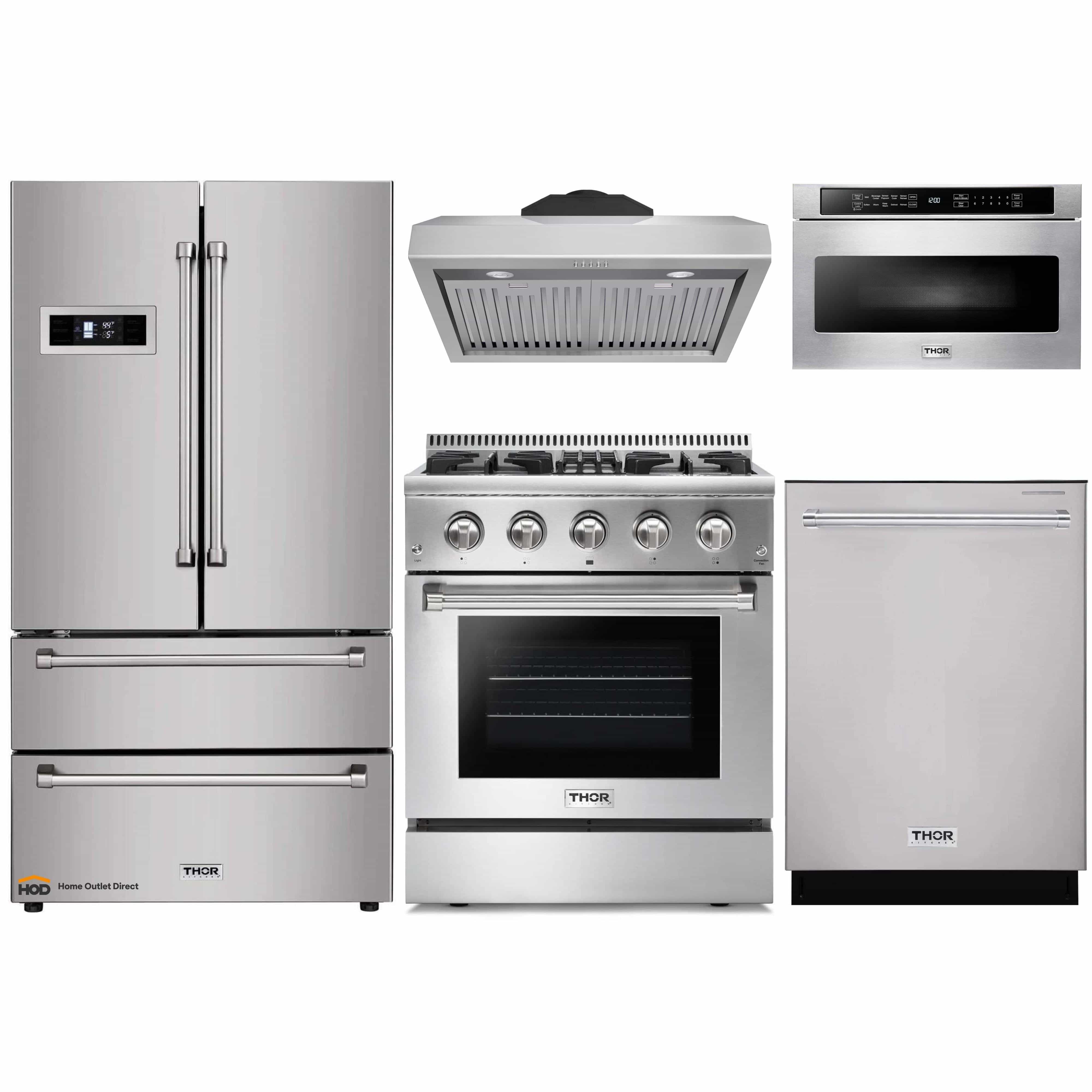 Thor Kitchen 5-Piece Pro Appliance Package - 30-Inch Dual Fuel Range, Refrigerator, Under Cabinet Hood, Dishwasher, and Microwave Drawer in Stainless Steel