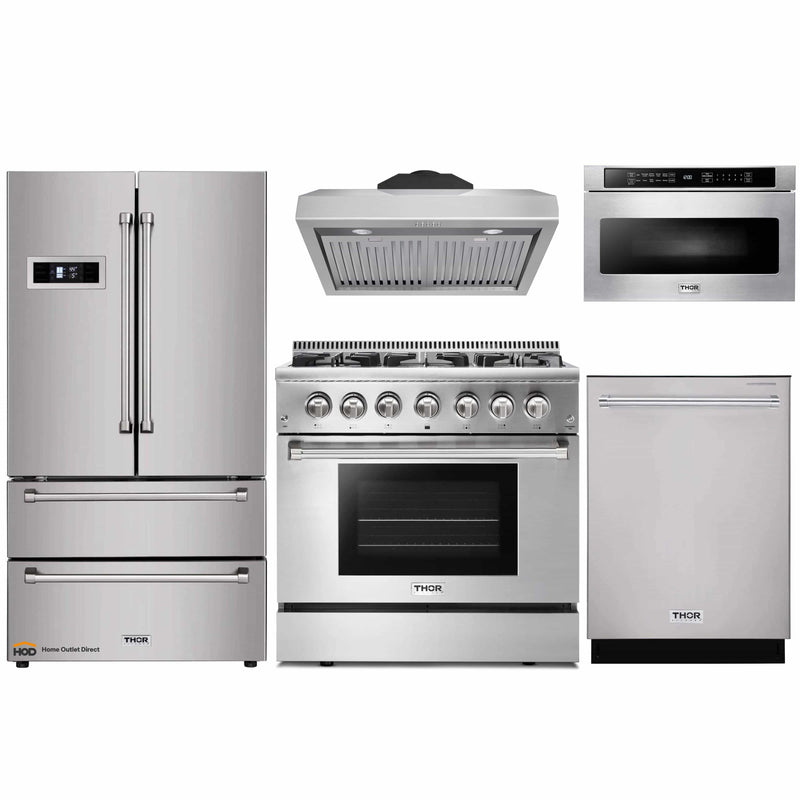 Thor Kitchen 5-Piece Pro Appliance Package - 36-Inch Dual Fuel Range, Refrigerator, Under Cabinet Hood, Dishwasher, and Microwave Drawer in Stainless Steel