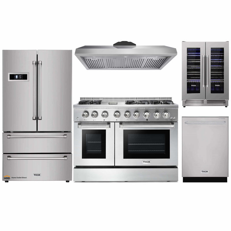 Thor Kitchen 5-Piece Pro Appliance Package - 48-Inch Dual Fuel Range, Under Cabinet Hood, Refrigerator, Dishwasher, and Wine Cooler in Stainless Steel