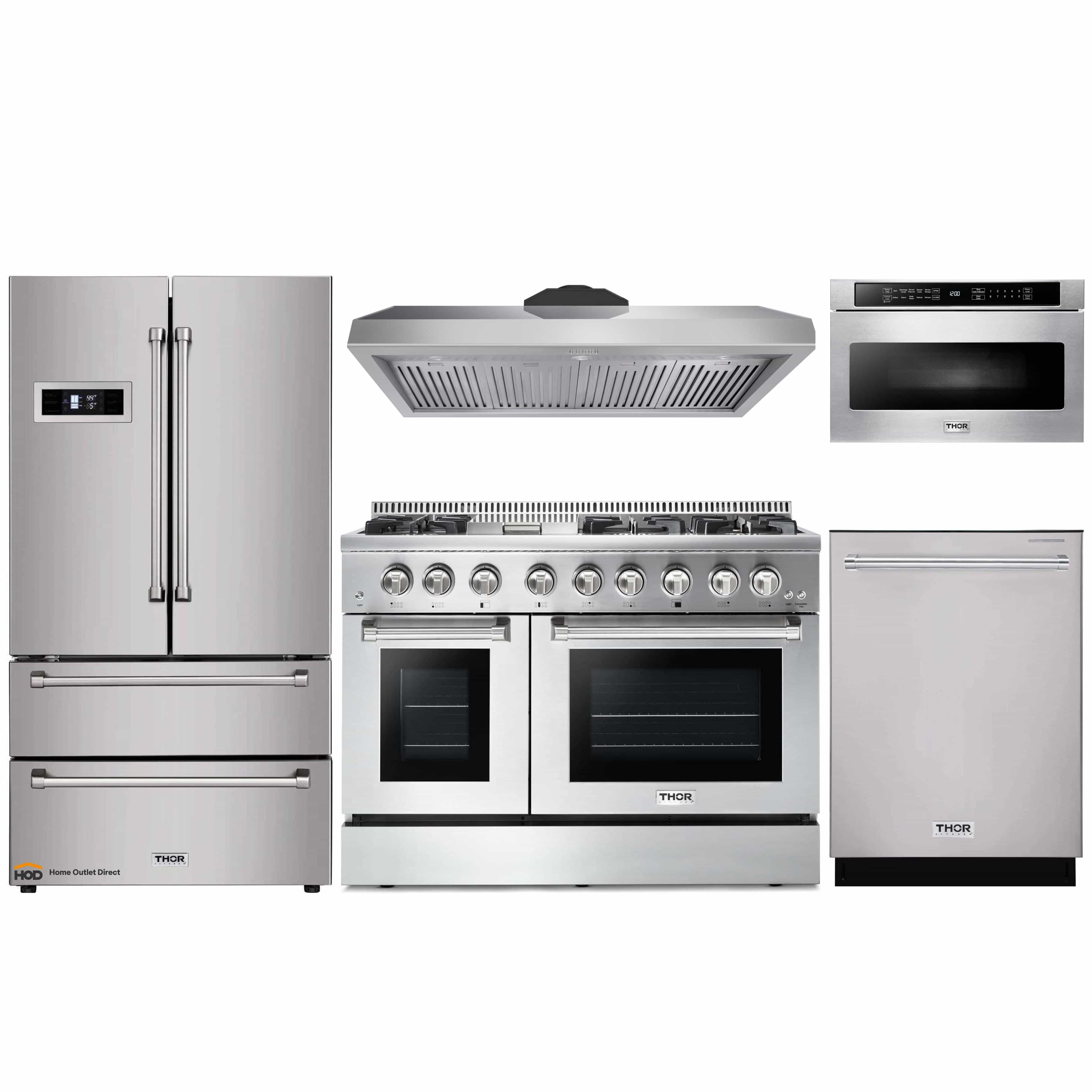 Thor Kitchen 5-Piece Pro Appliance Package - 48-Inch Dual Fuel Range, Refrigerator, Dishwasher, Under Cabinet 11-Inch Tall Hood, and Microwave Drawer in Stainless Steel