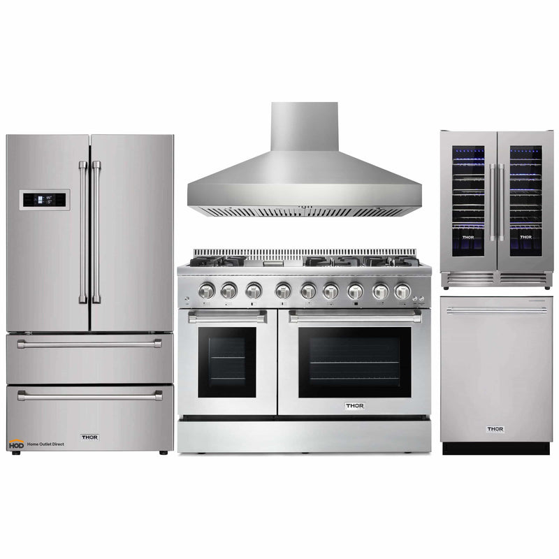 Thor Kitchen 5-Piece Pro Appliance Package - 48-Inch Dual Fuel Range, Pro Wall Mount Hood, Refrigerator, Dishwasher, and Wine Cooler in Stainless Steel